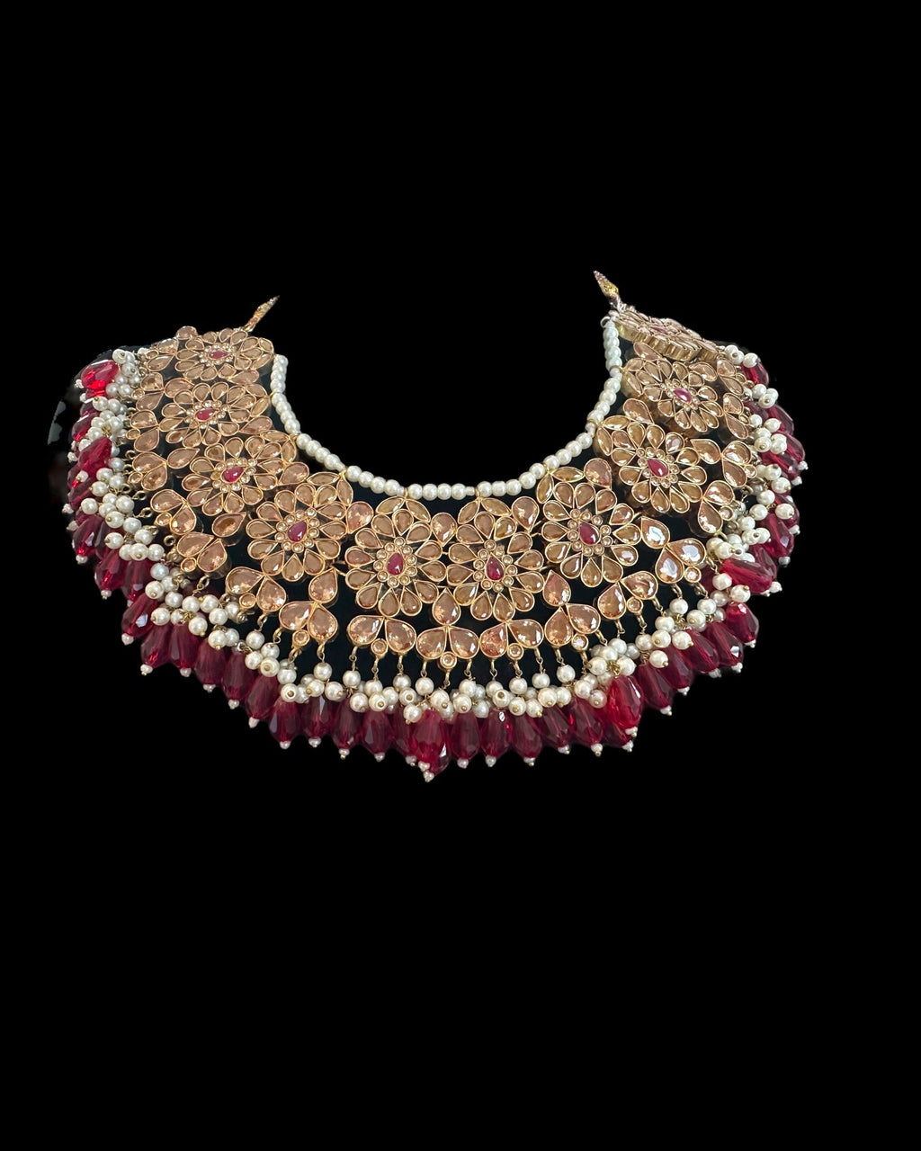 BR489 Simran bridal set in golden / red beads combination( READY TO SHIP )