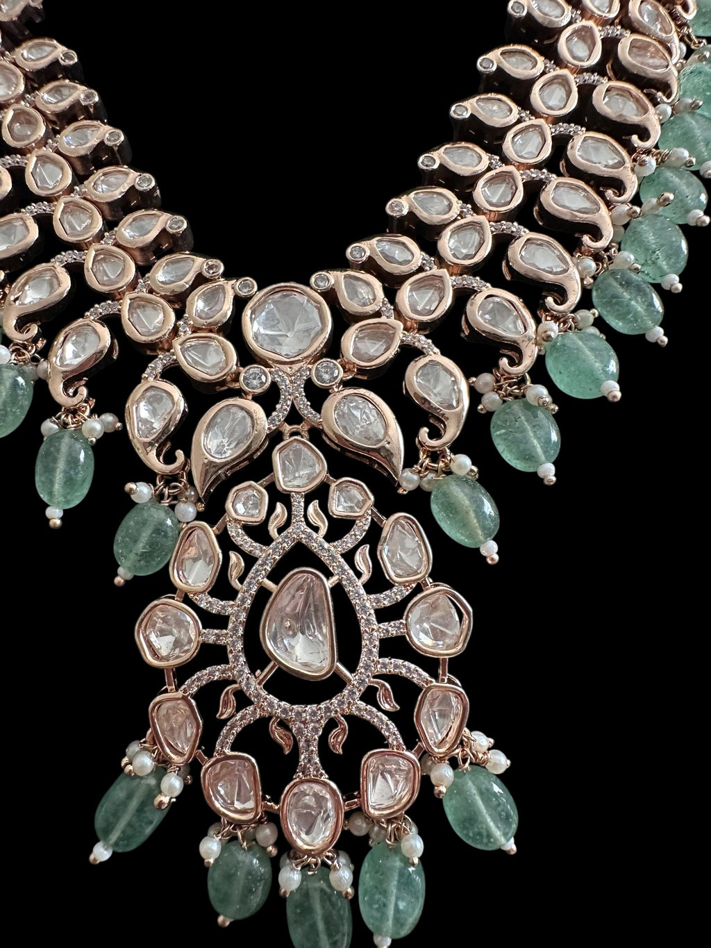 DNS206 Alayna Polki Necklace earrings tika set - light green beads with pearls ( READY TO SHIP )