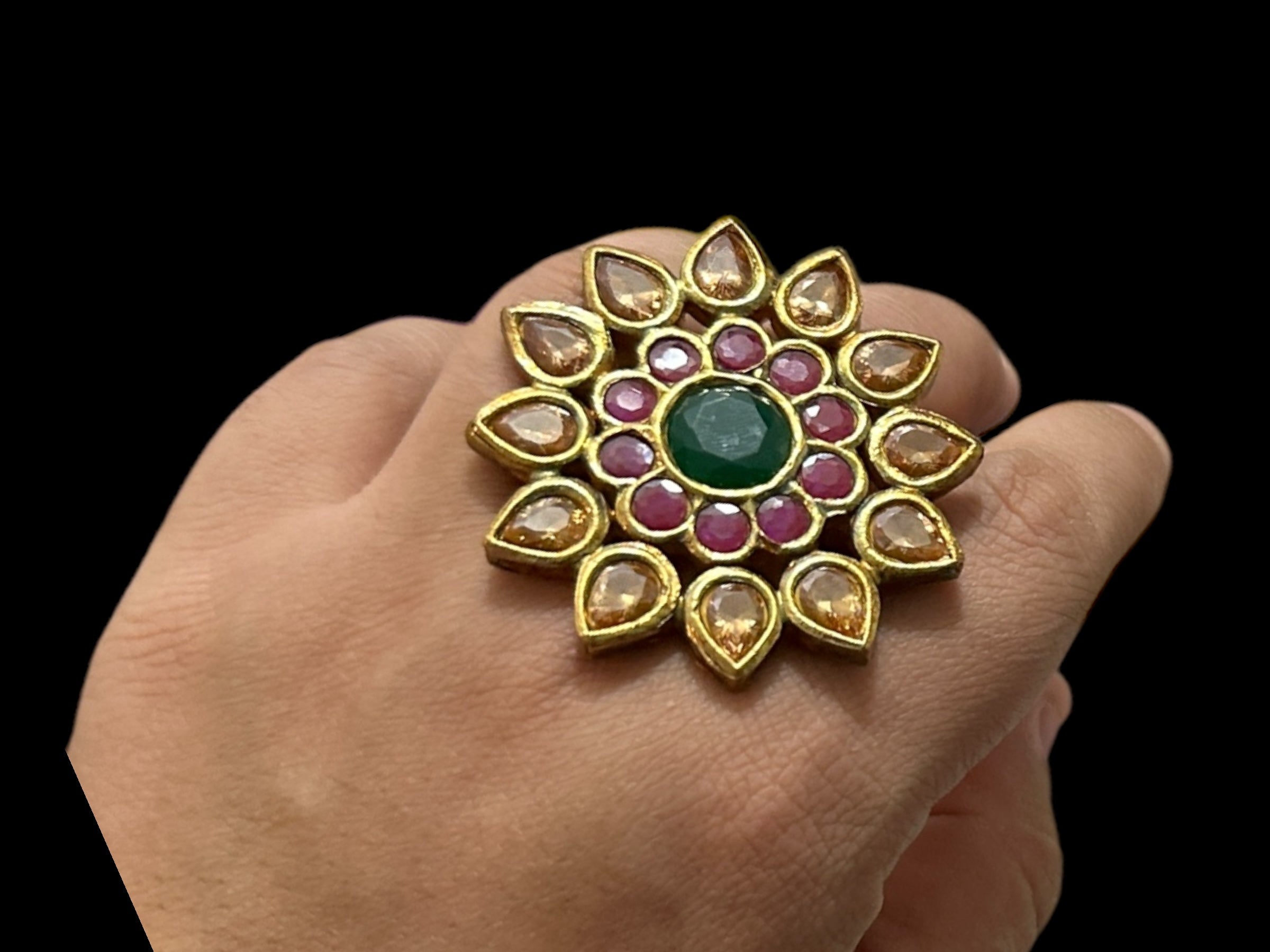 DJR36 Kundan ring  red green with golden stones   ( READY TO SHIP)
