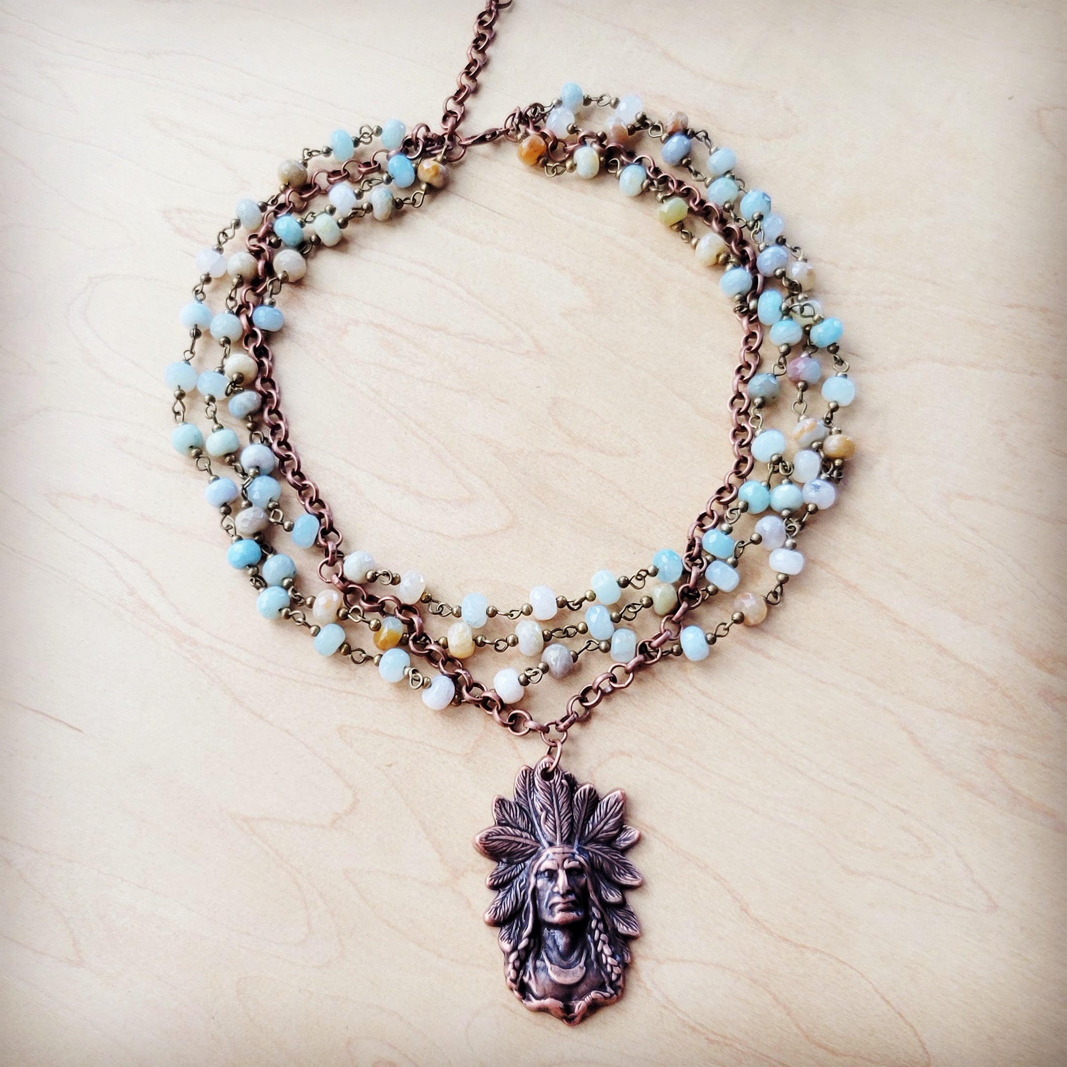 Amazonite Beaded Collar Necklace w/ Indian Pendant 260s