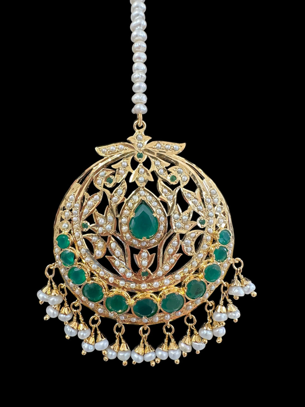 Emerald and pearl tika in silver with fresh water pearls - gold plated , Oversized( SHIPS IN 5 WEEKS )