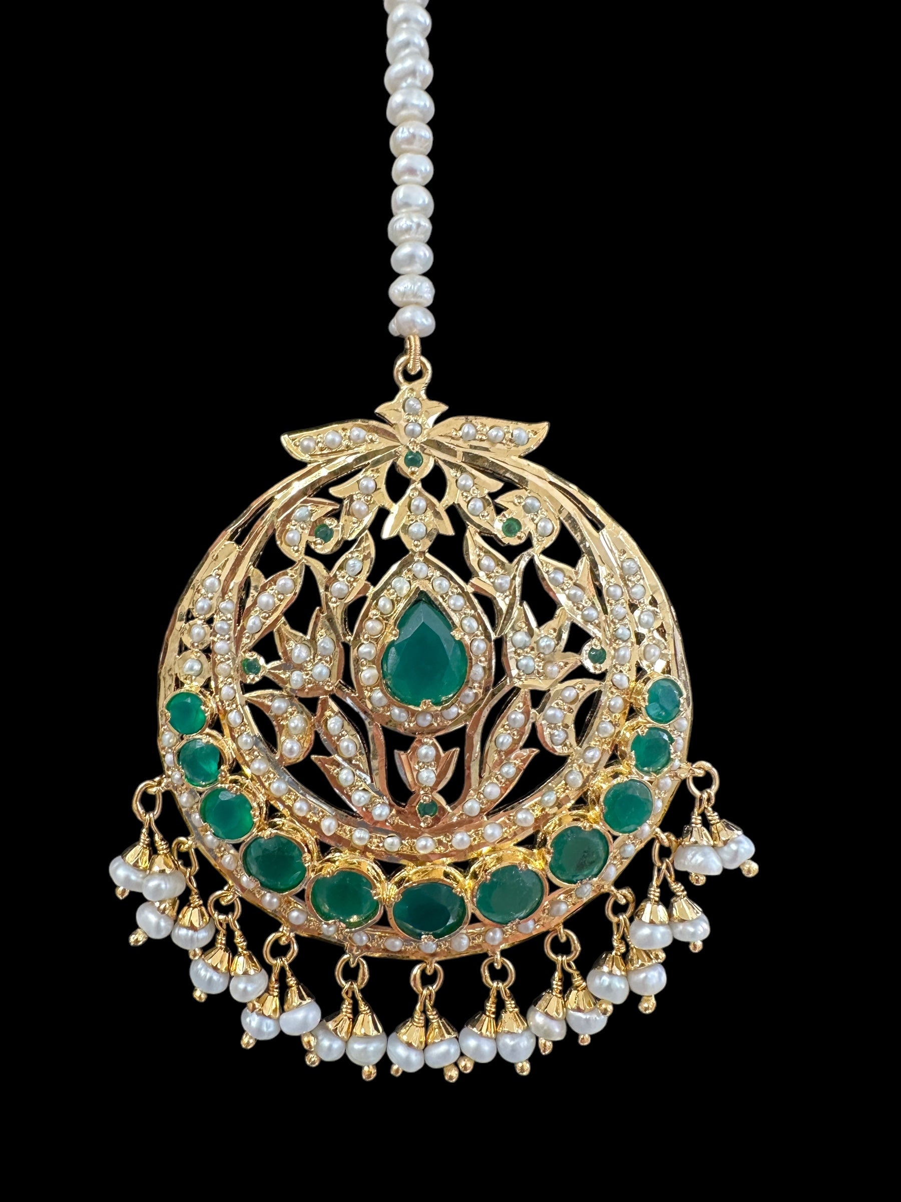 Emerald and pearl tika in silver with fresh water pearls - gold plated , Oversized( SHIPS IN 5 WEEKS )