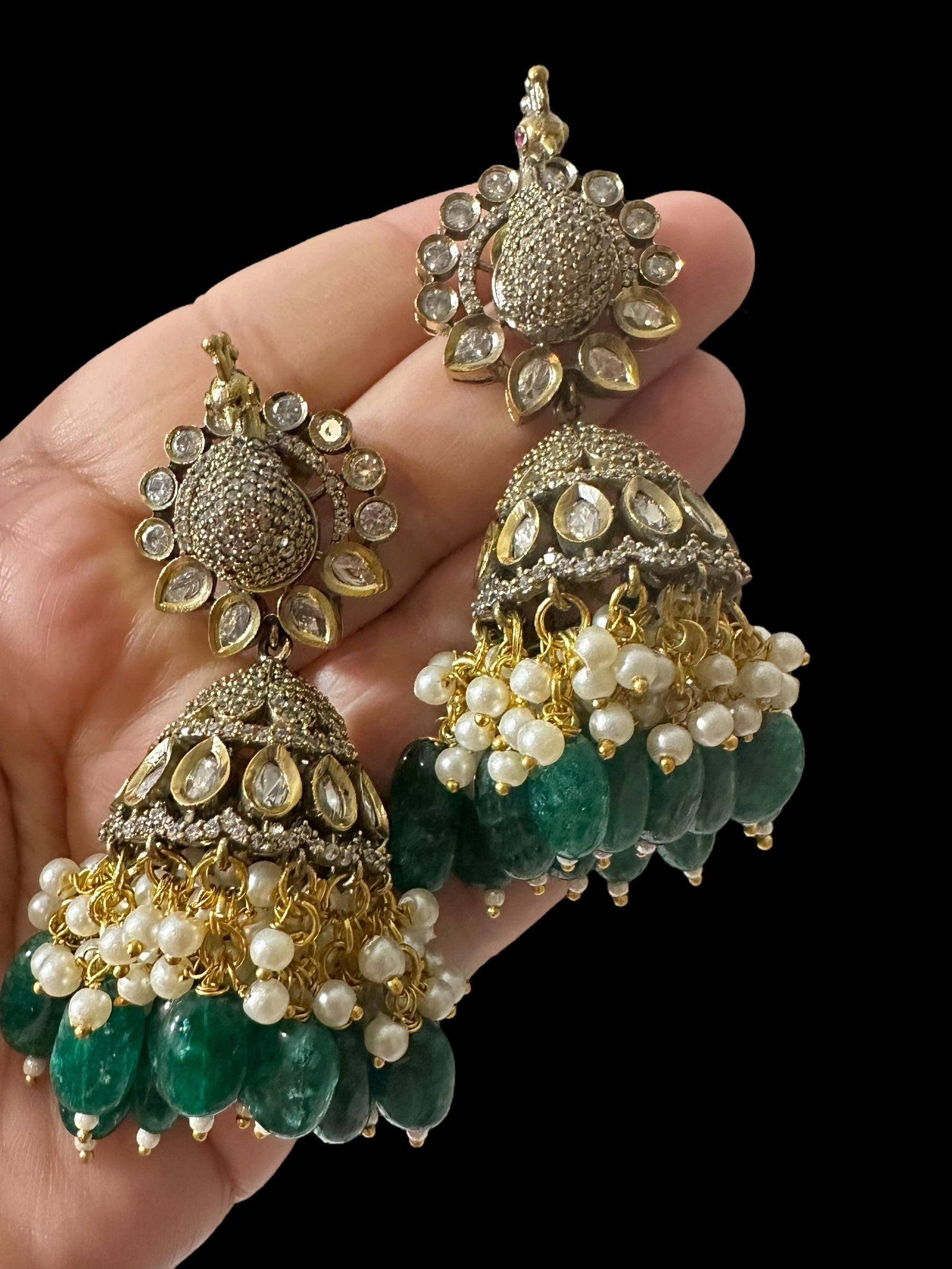 DER796 Mor polki jhumka - GREEN ( READY TO SHIP )