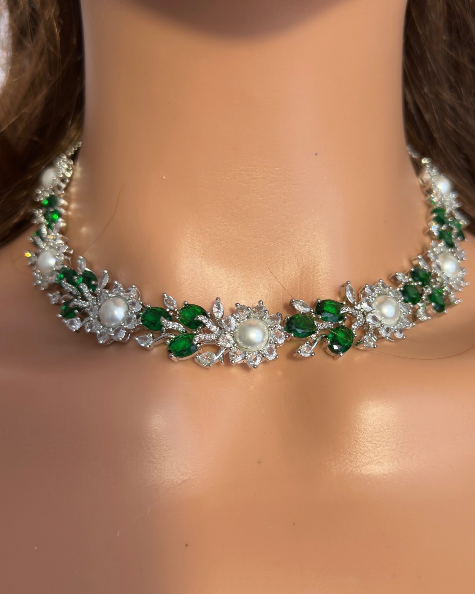 DNS137G silver plated necklace set - Green / Emerald  ( READY TO SHIP )