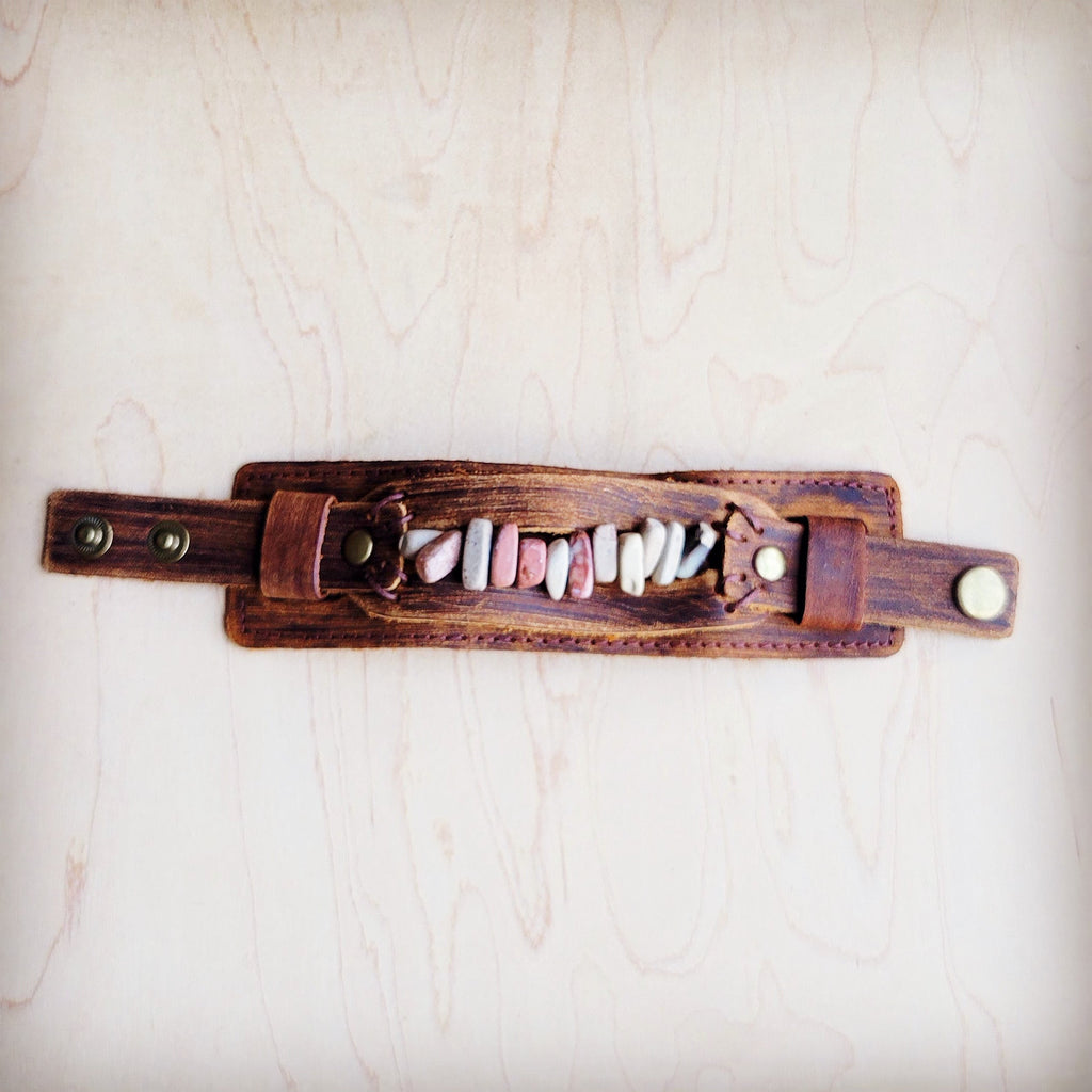 Genuine Leather Cuff with Aqua Terra Gemstone Chunks 005e