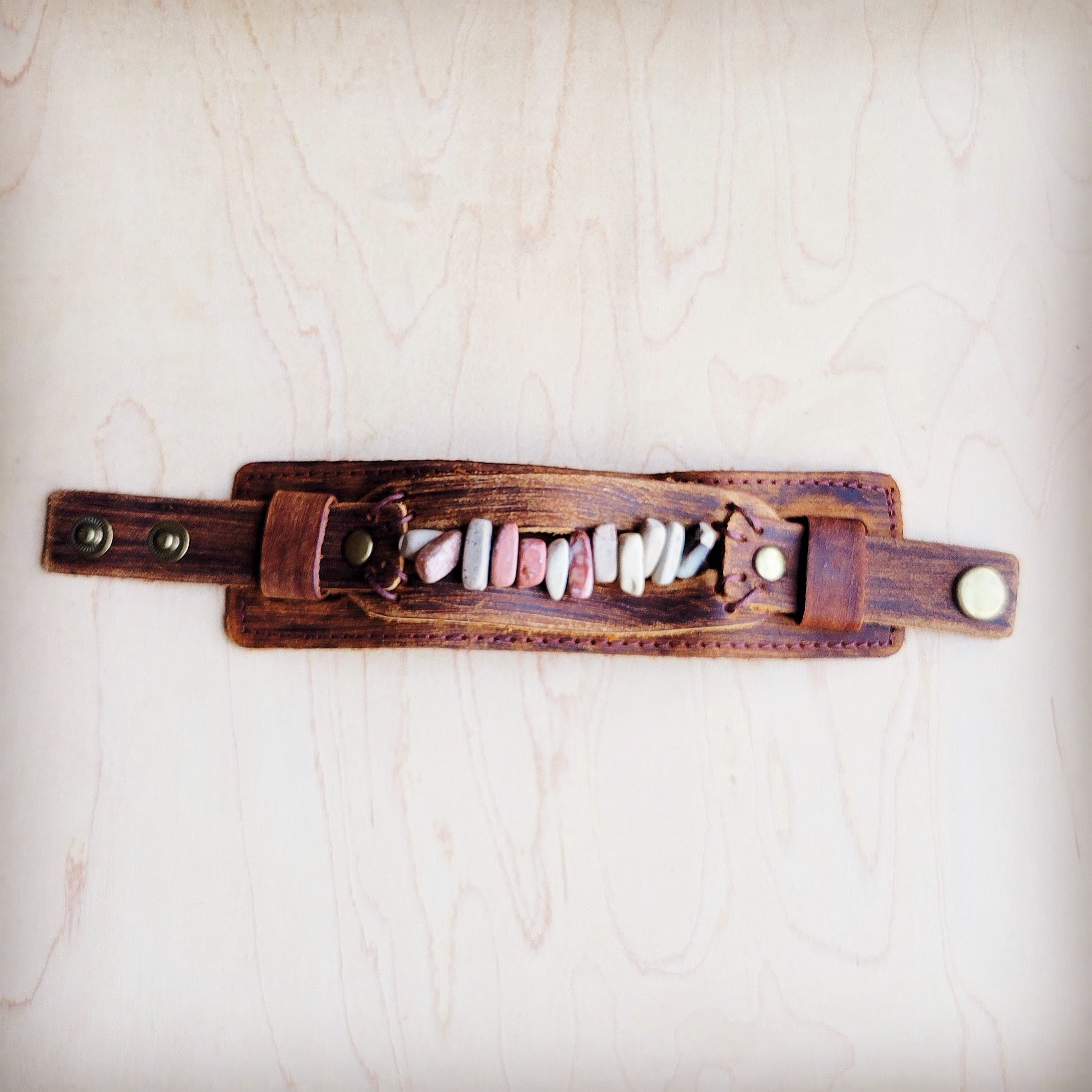 Genuine Leather Cuff with Aqua Terra Gemstone Chunks 005e