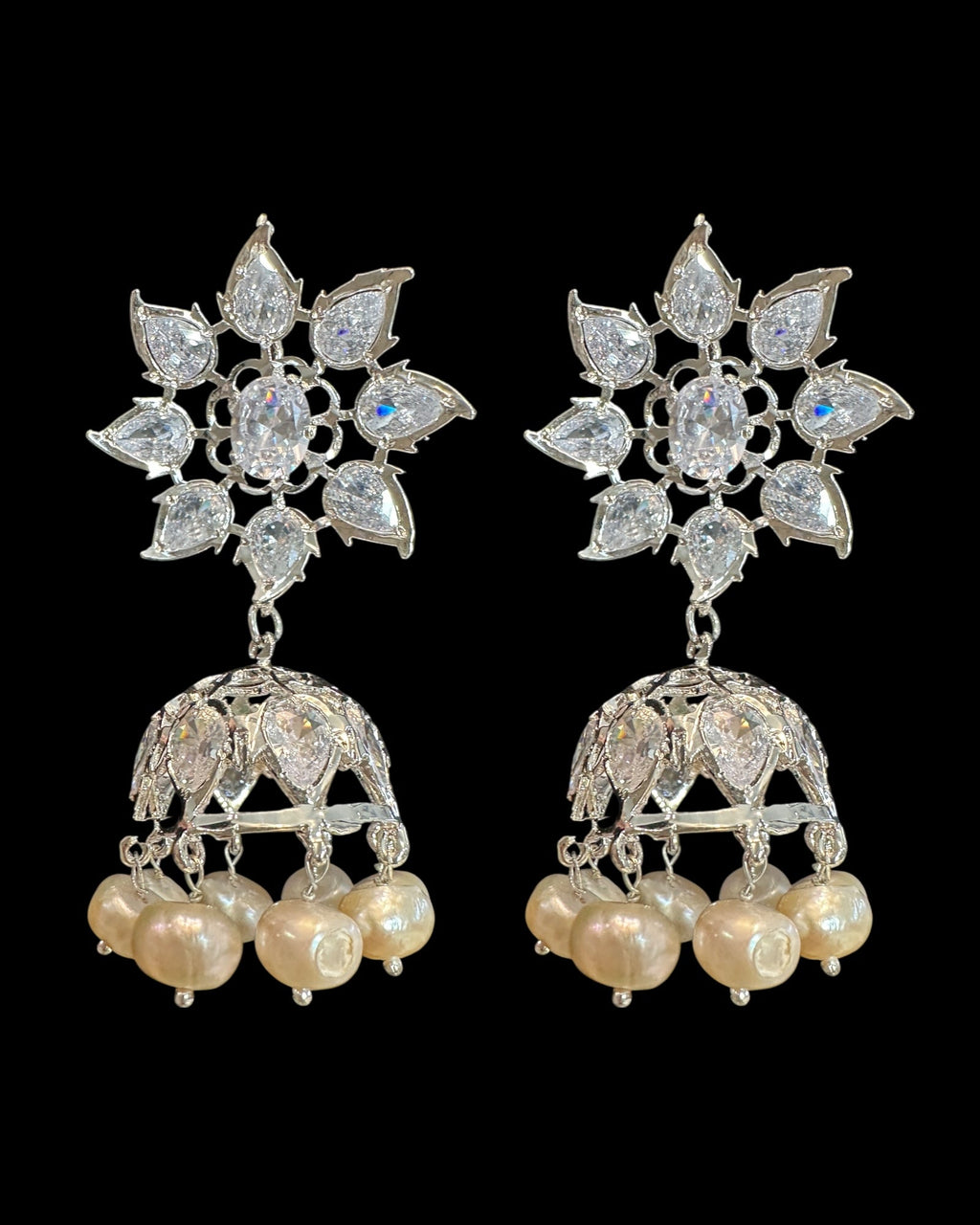 DER607 ✨ Evelyn Silver-Plated Karanphool Jhumka – With Pearls & High-Quality Zircon  ( Ready to Ship )