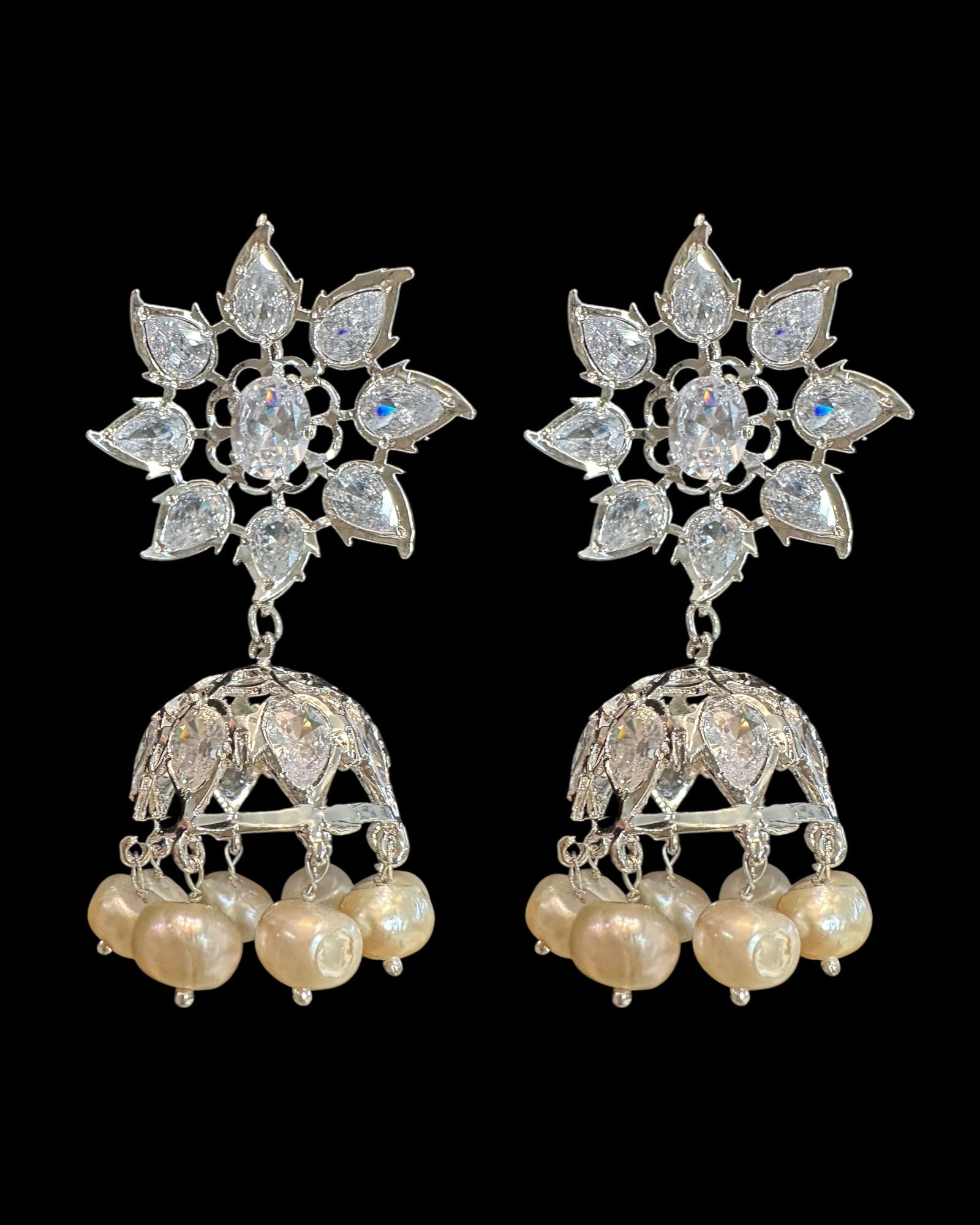 DER607 ✨ Evelyn Silver-Plated Karanphool Jhumka – With Pearls & High-Quality Zircon  ( Ready to Ship )