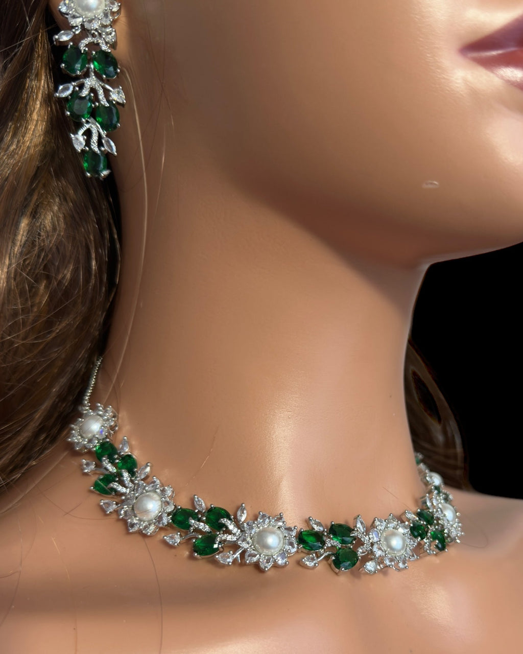 DNS137G silver plated necklace set - Green / Emerald  ( READY TO SHIP )