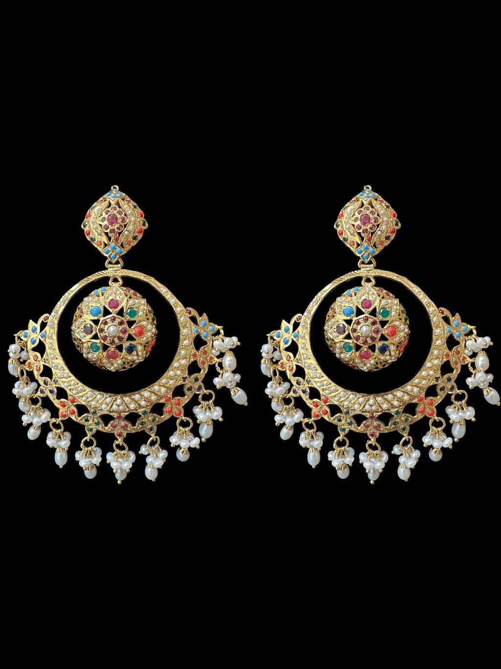 92.5 Silver Gold-Plated Earrings in Navratan with Freshwater Pearls – Handcrafted Jadau chandbali 
(READY TO SHIP )