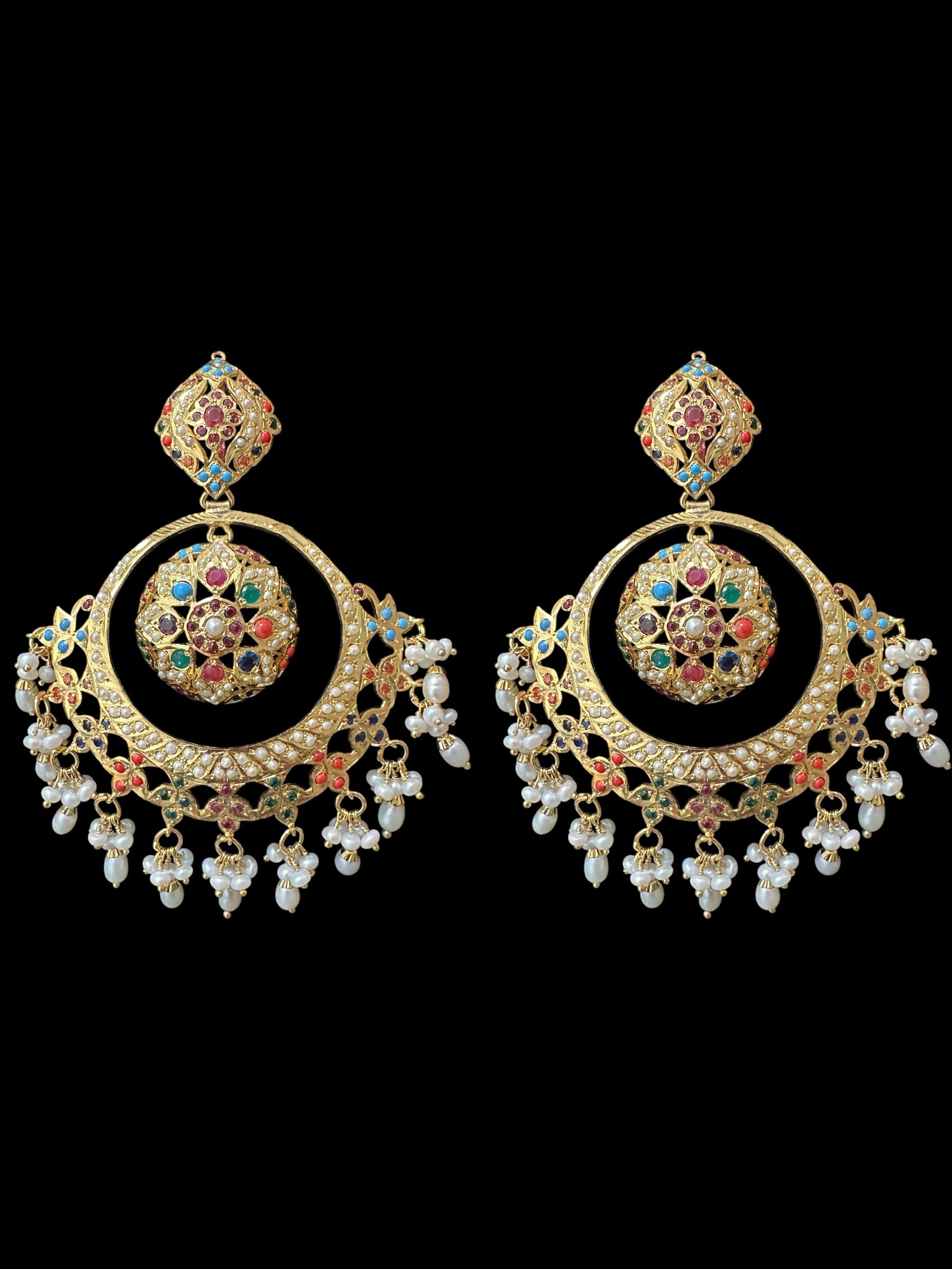 92.5 Silver Gold-Plated Earrings in Navratan with Freshwater Pearls – Handcrafted Jadau chandbali 
(READY TO SHIP )