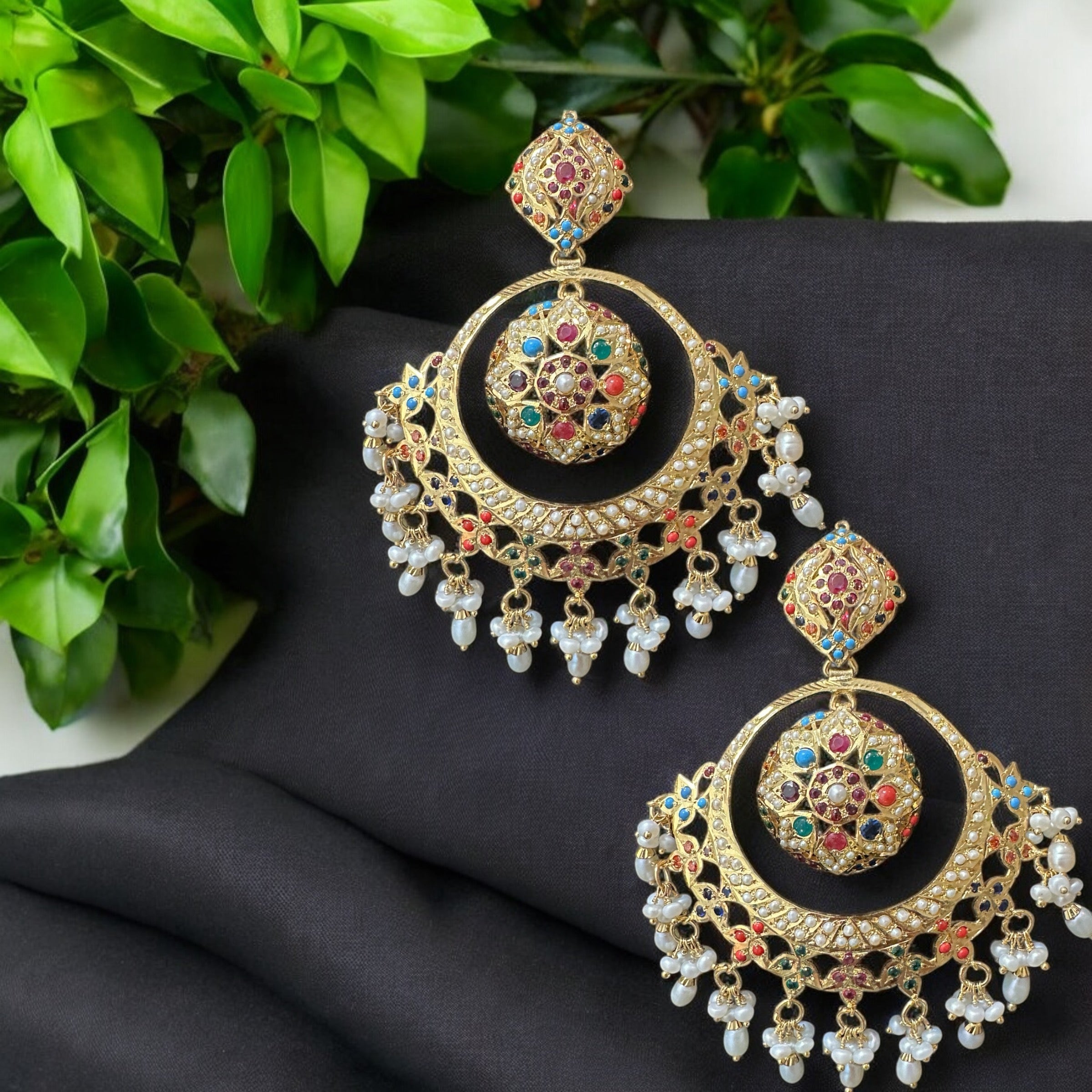 92.5 Silver Gold-Plated Earrings in Navratan with Freshwater Pearls – Handcrafted Jadau chandbali 
(READY TO SHIP )