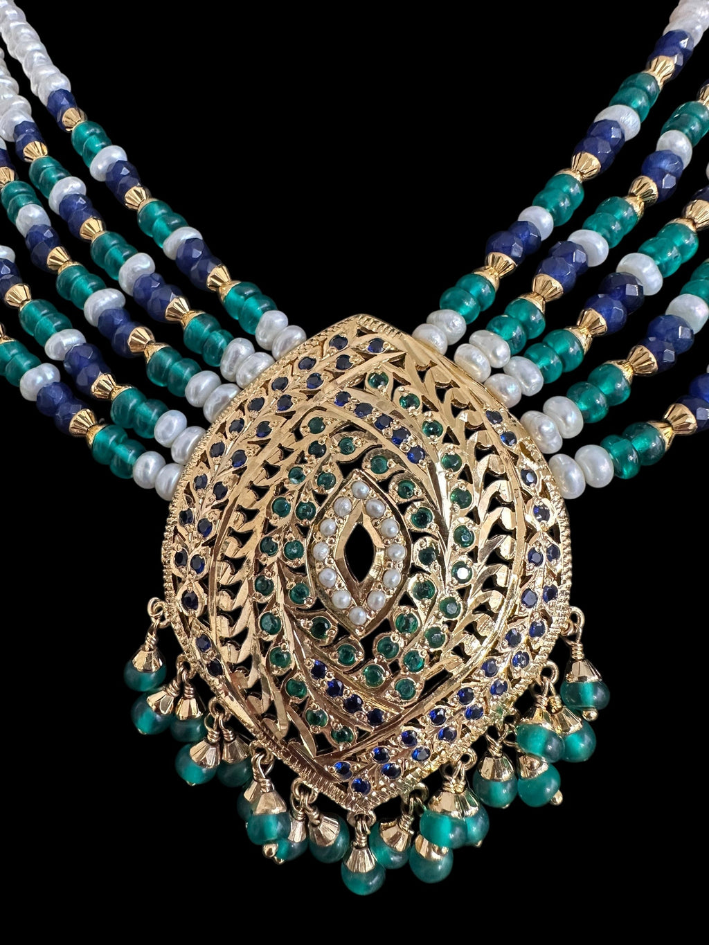 Emerald sapphire pearl jadau silver necklace set with gold plating ( READY TO SHIP )