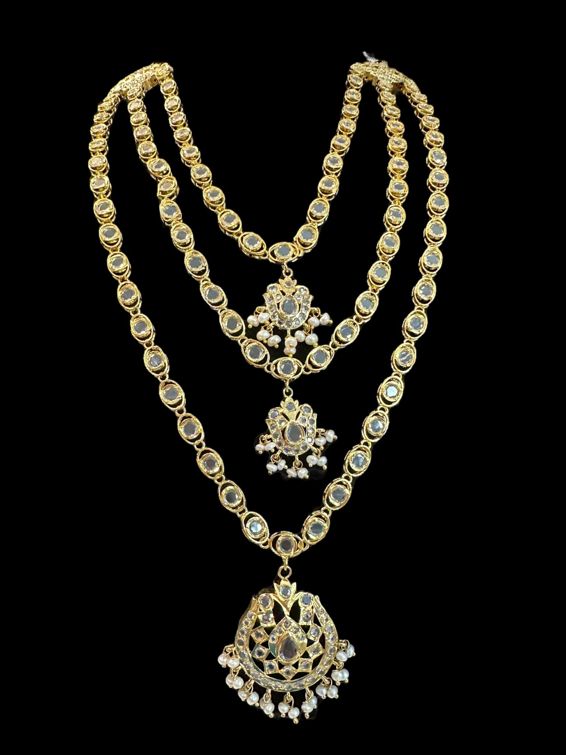 SAT105 Mallika hyderabadi three layer necklace set in fresh water pearls ( READY TO SHIP )