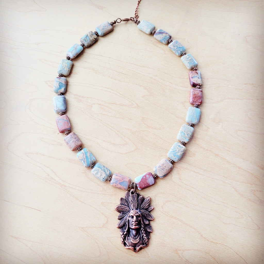 Genuine Aqua Terra Collar Necklace w/ Copper Indian Pendant 261n