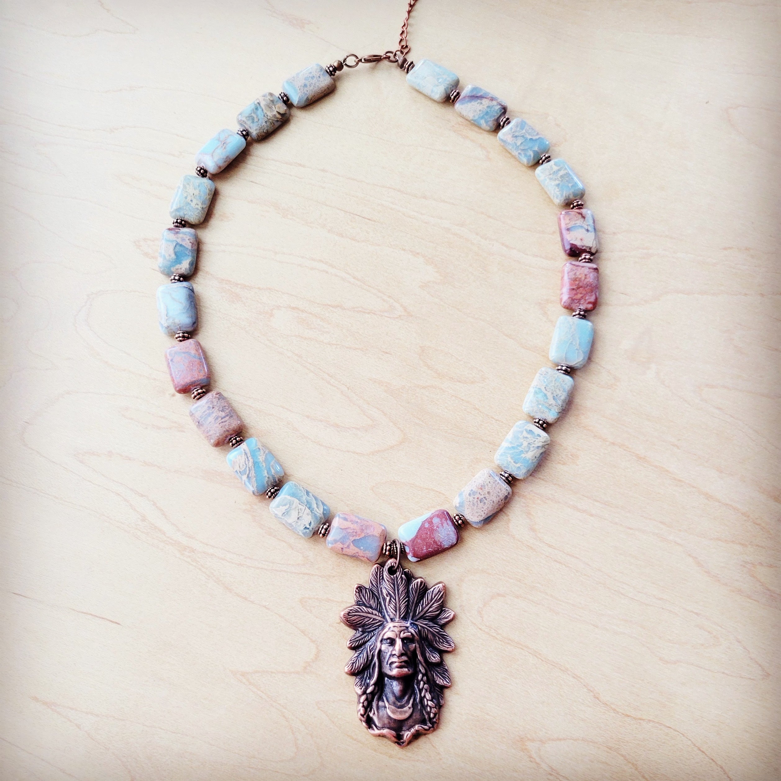 Genuine Aqua Terra Collar Necklace w/ Copper Indian Pendant 261n