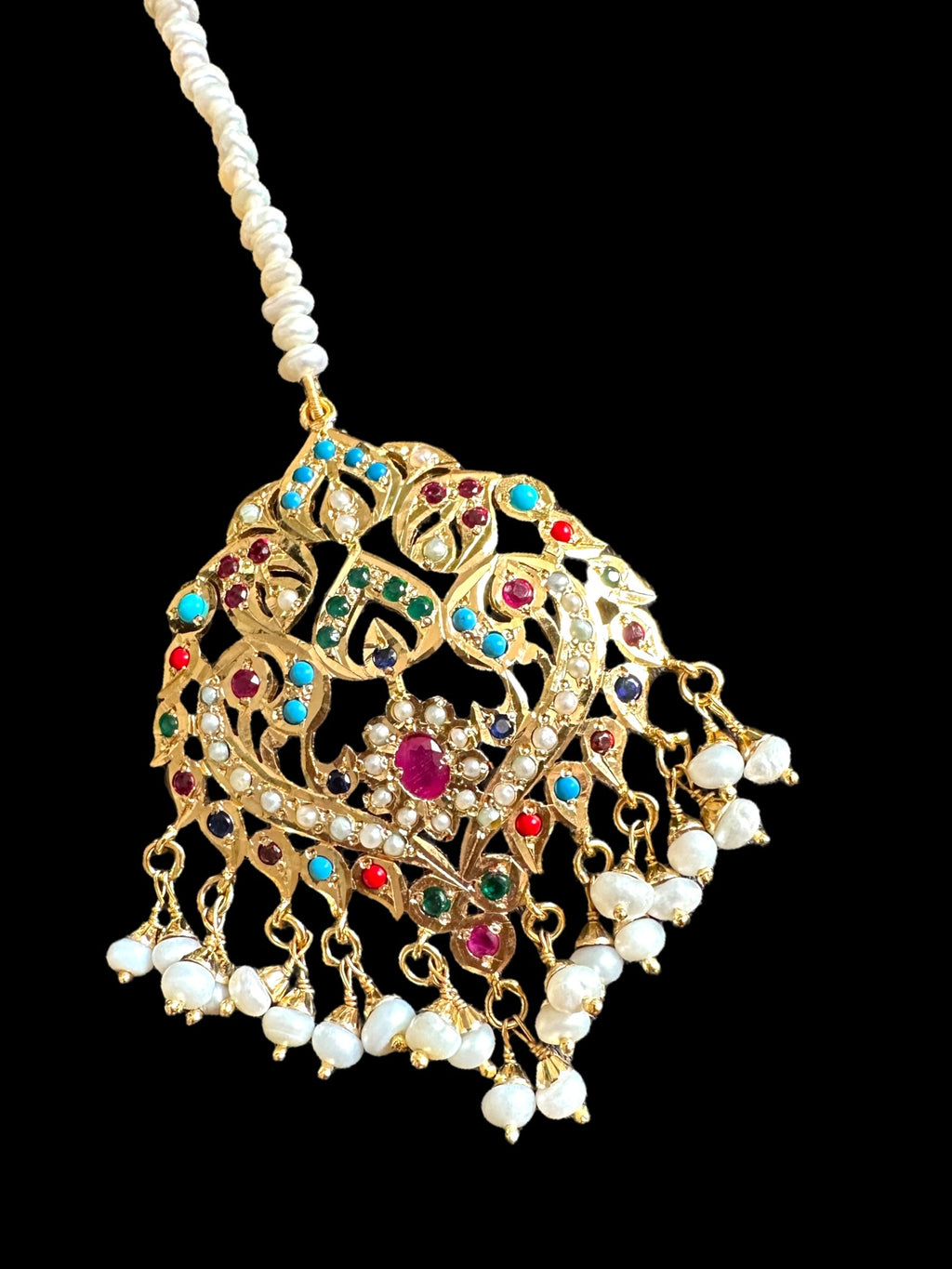 ESMA Navratan tika in silver with fresh water pearls - gold plated ( SHIPS IN 4 WEEKS  )