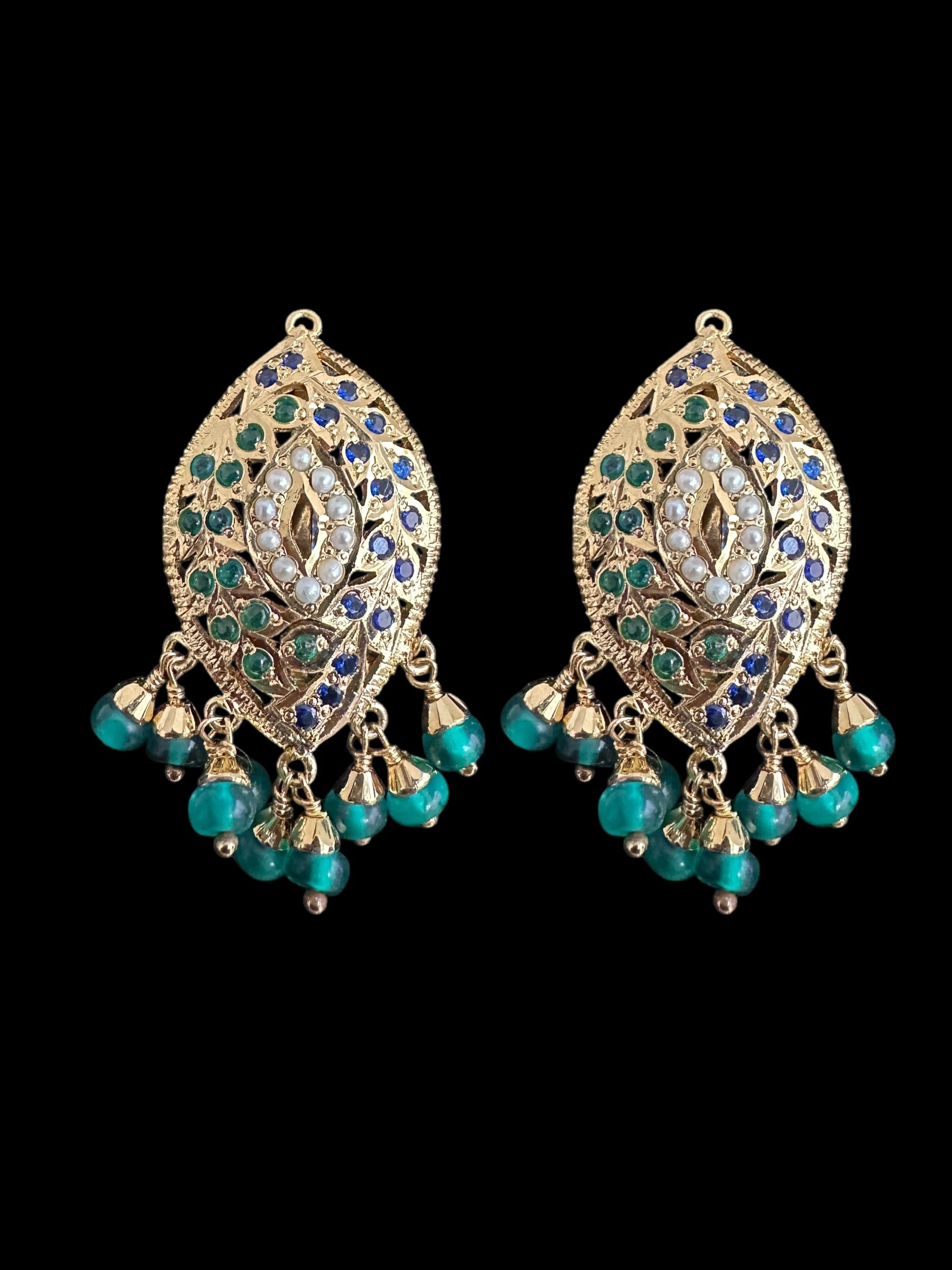 Emerald sapphire pearl jadau silver necklace set with gold plating ( READY TO SHIP )