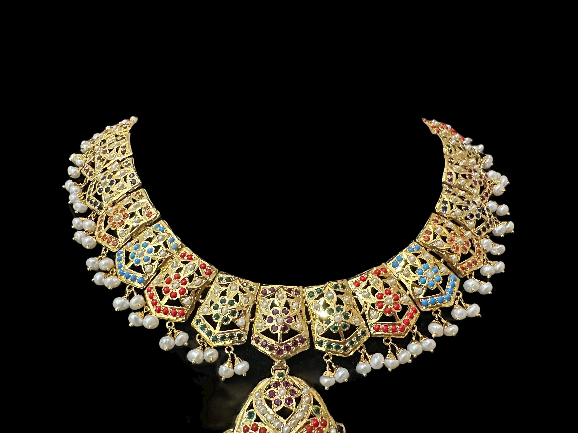 Navratan / Multicolored Jadau Necklace Set in Gold Plated Silver ( SHIPS IN 5 WEEKS  )