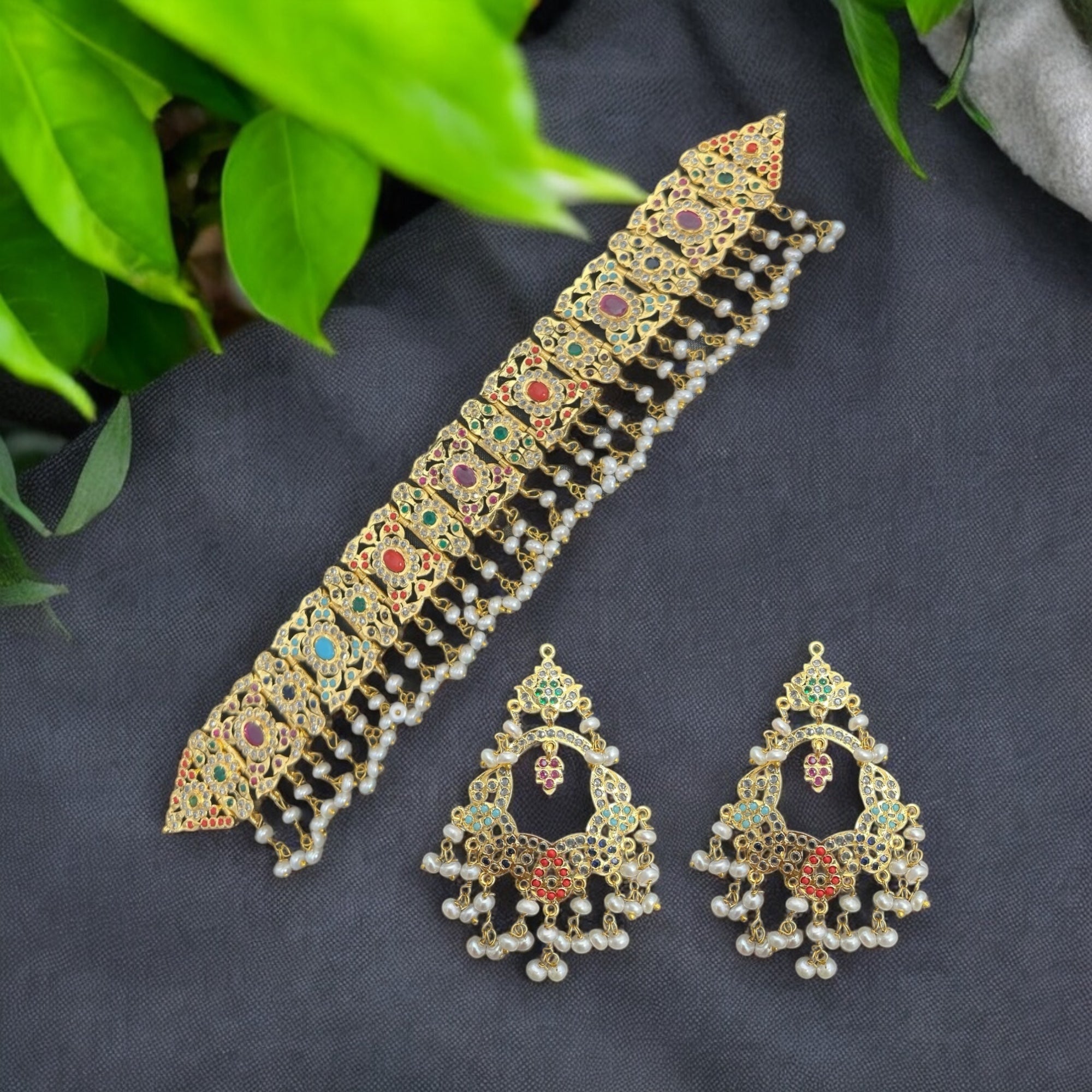 C543  Nishat fresh water pearl choker with earrings -Navratan  ( READY TO SHIP )