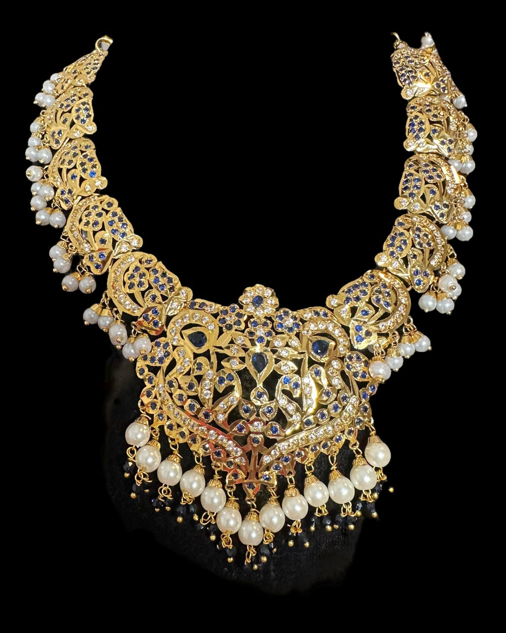 DNS204 Neeli jadau necklace with earrings tika in sapphire zircon(READY TO SHIP  )