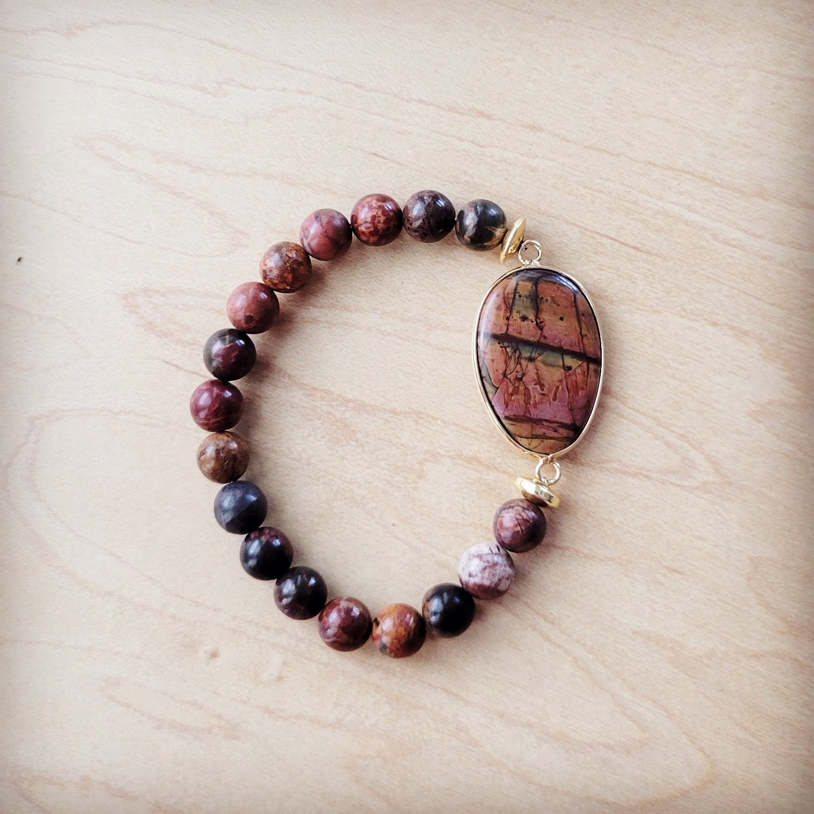 Picasso Jasper Beaded Bracelet with Center Agate Stone Accent 810z