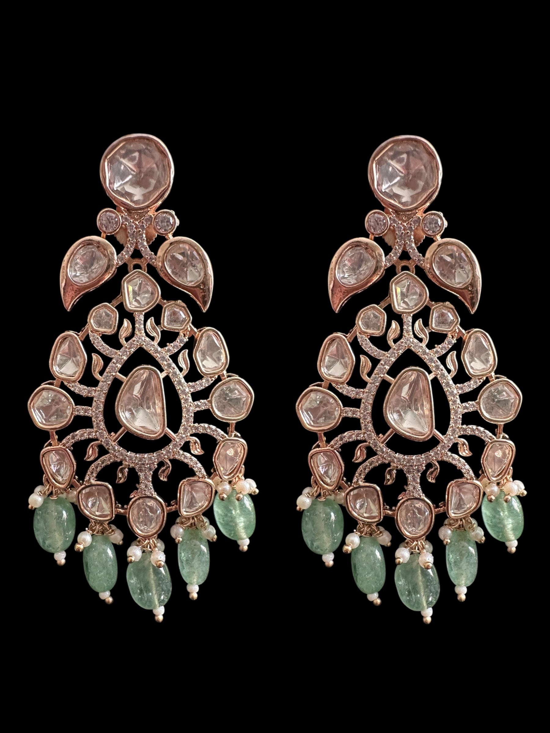 DNS206 Alayna Polki Necklace earrings tika set - light green beads with pearls ( READY TO SHIP )