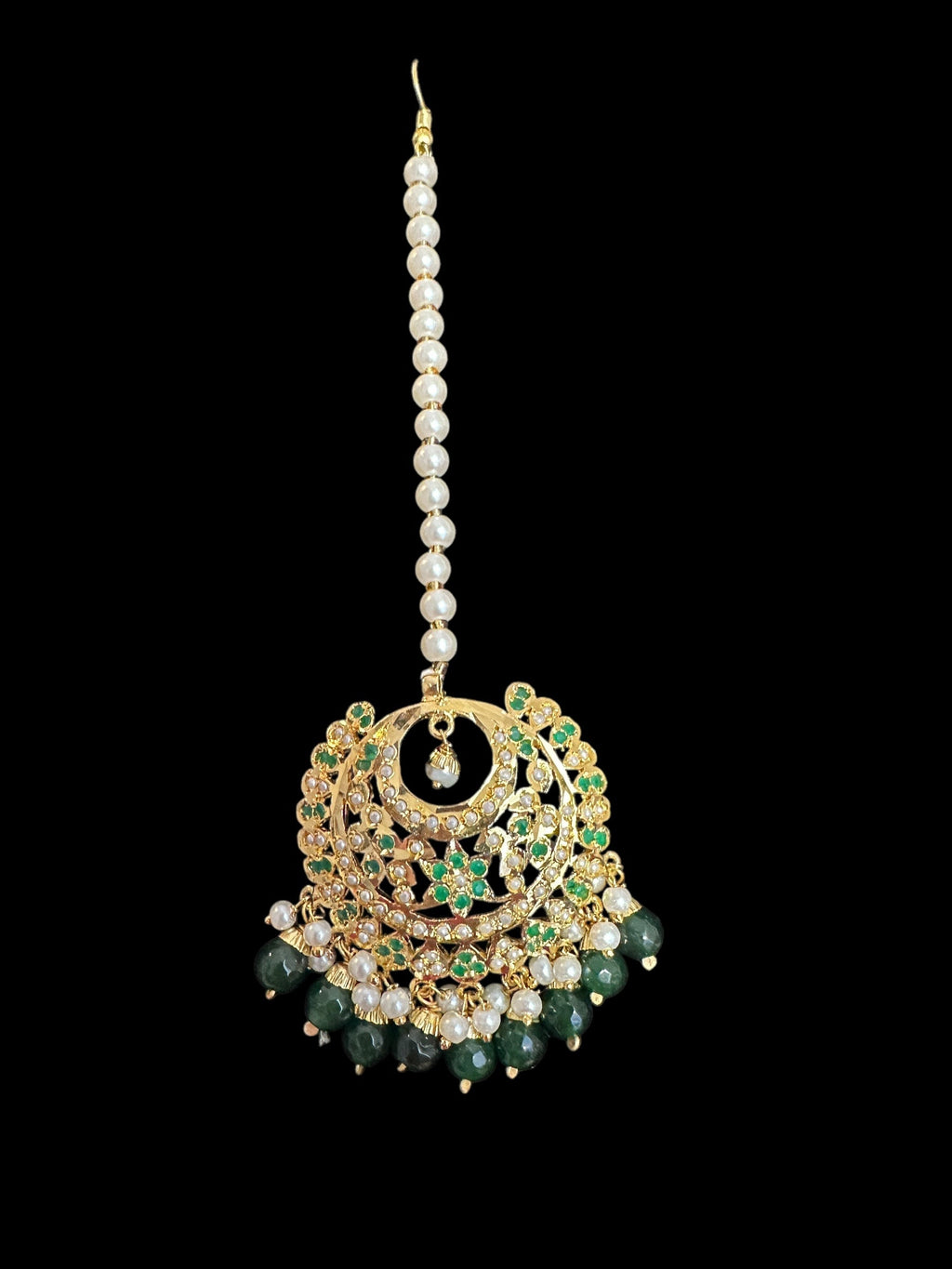 Dafiya Gold Plated emerald Chandbali Earrings & Tika Set | Ready to Ship | Deccan Jewelry