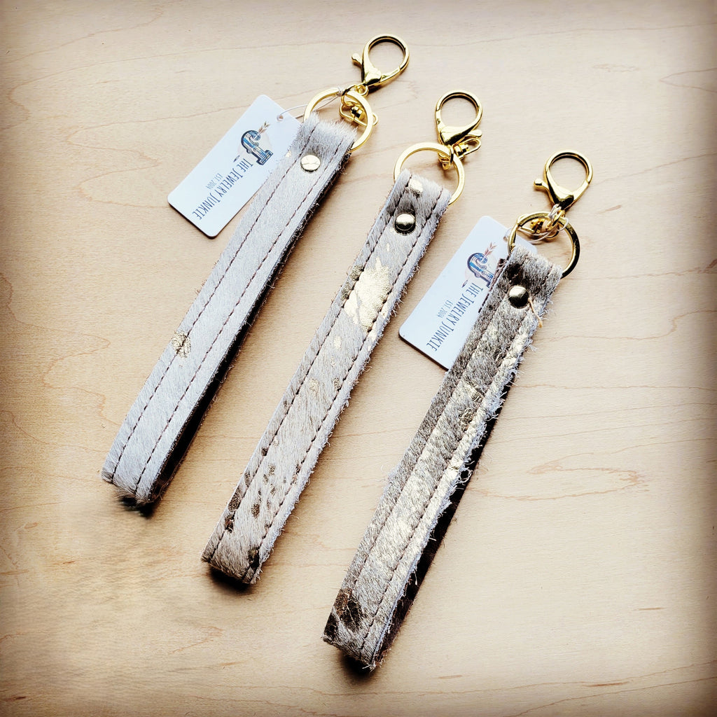 **Embossed Leather Key Chain Cream Gold Metallic 701r