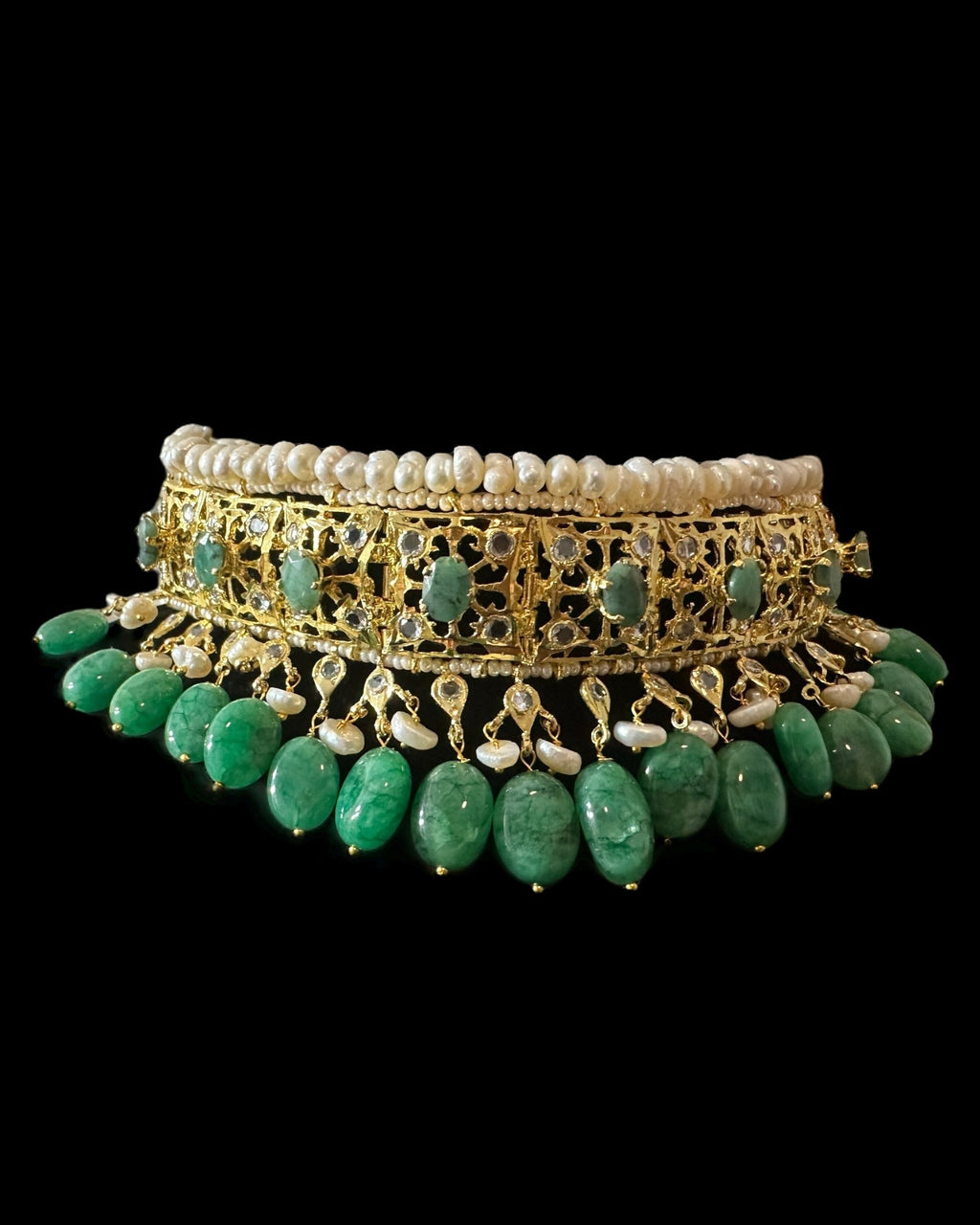 BR482 Insia Hyderabadi bridal set in emeralds with fresh water pearls ( SHIPS IN 1 WEEK )