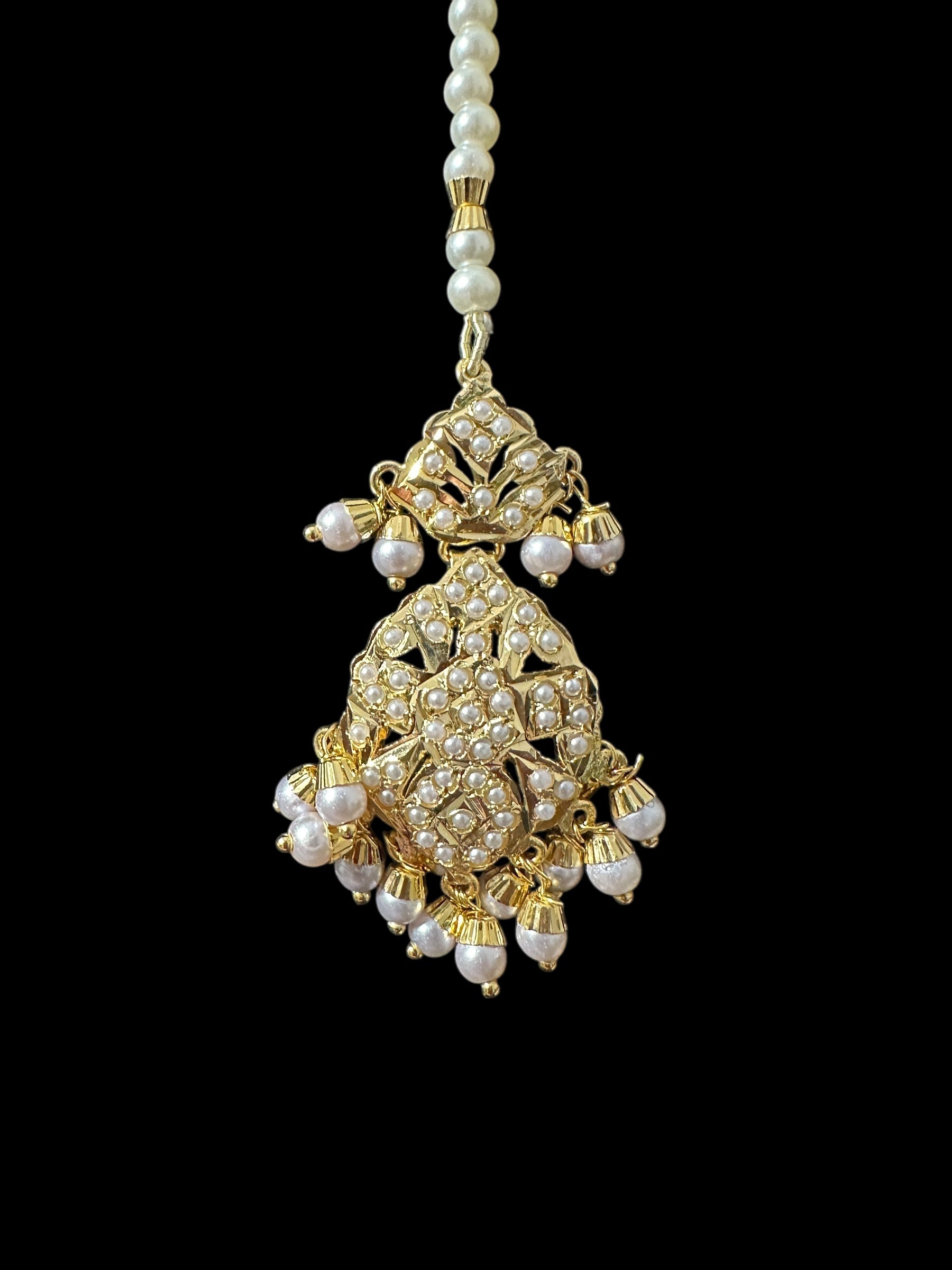 DLN129 jadau rani haar in pearls with earrings tika ( READY TO SHIP )