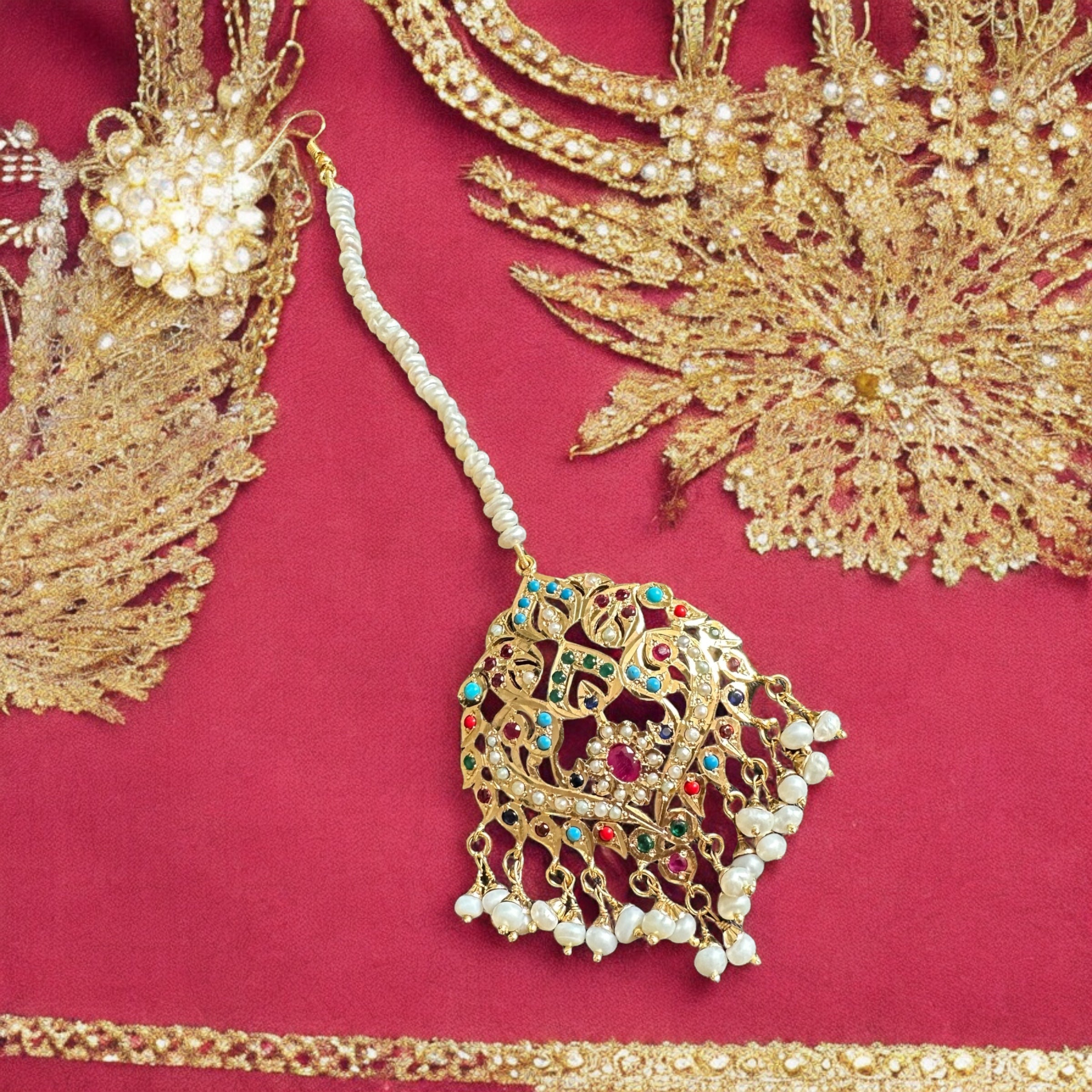 ESMA Navratan tika in silver with fresh water pearls - gold plated ( SHIPS IN 4 WEEKS  )