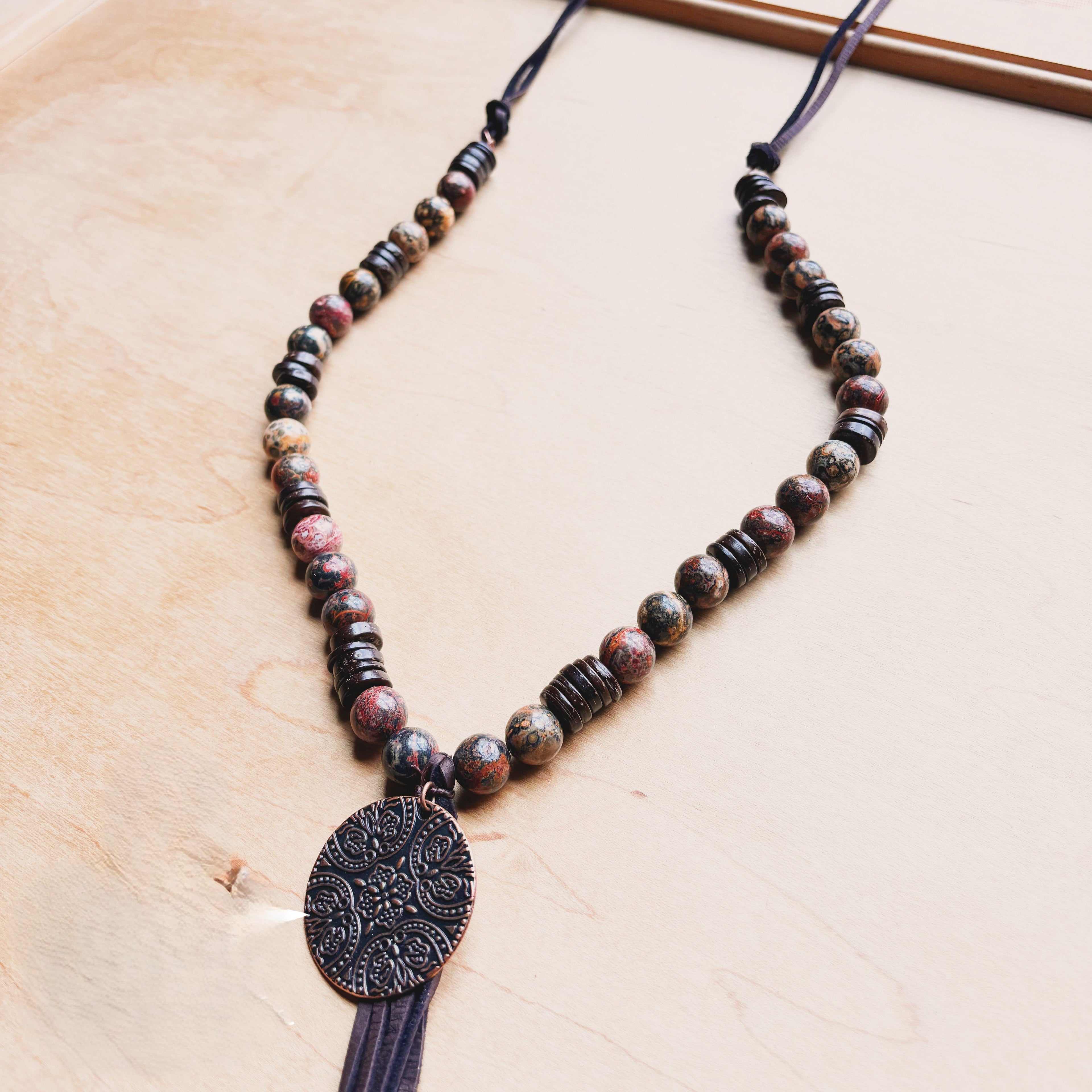 **Leopard Jasper Necklace w/ Wood Beads & Copper Medallion 258c