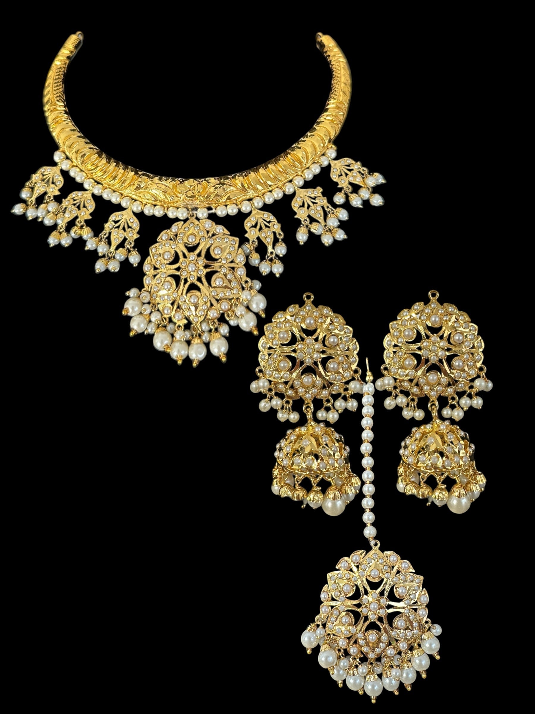 DNS189 Gold-Plated jadau Floral Hasli Necklace with jhumka earrings tika  – Handcrafted Traditional Set ( READY TO SHIP )