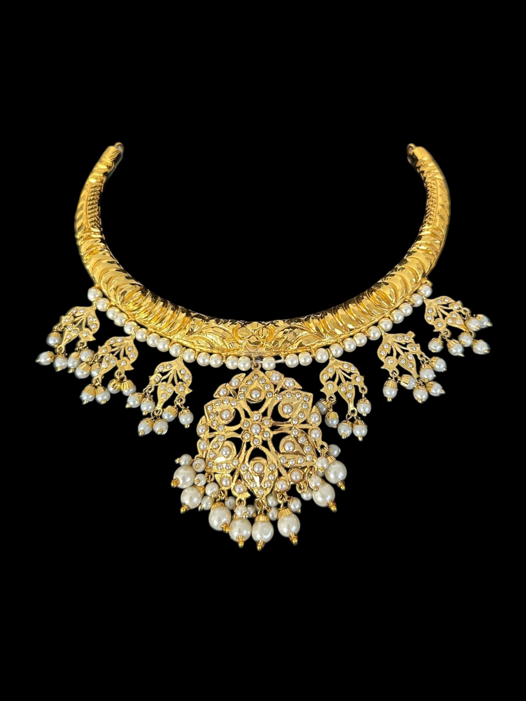 DNS189 Gold-Plated jadau Floral Hasli Necklace with jhumka earrings tika  – Handcrafted Traditional Set ( READY TO SHIP )