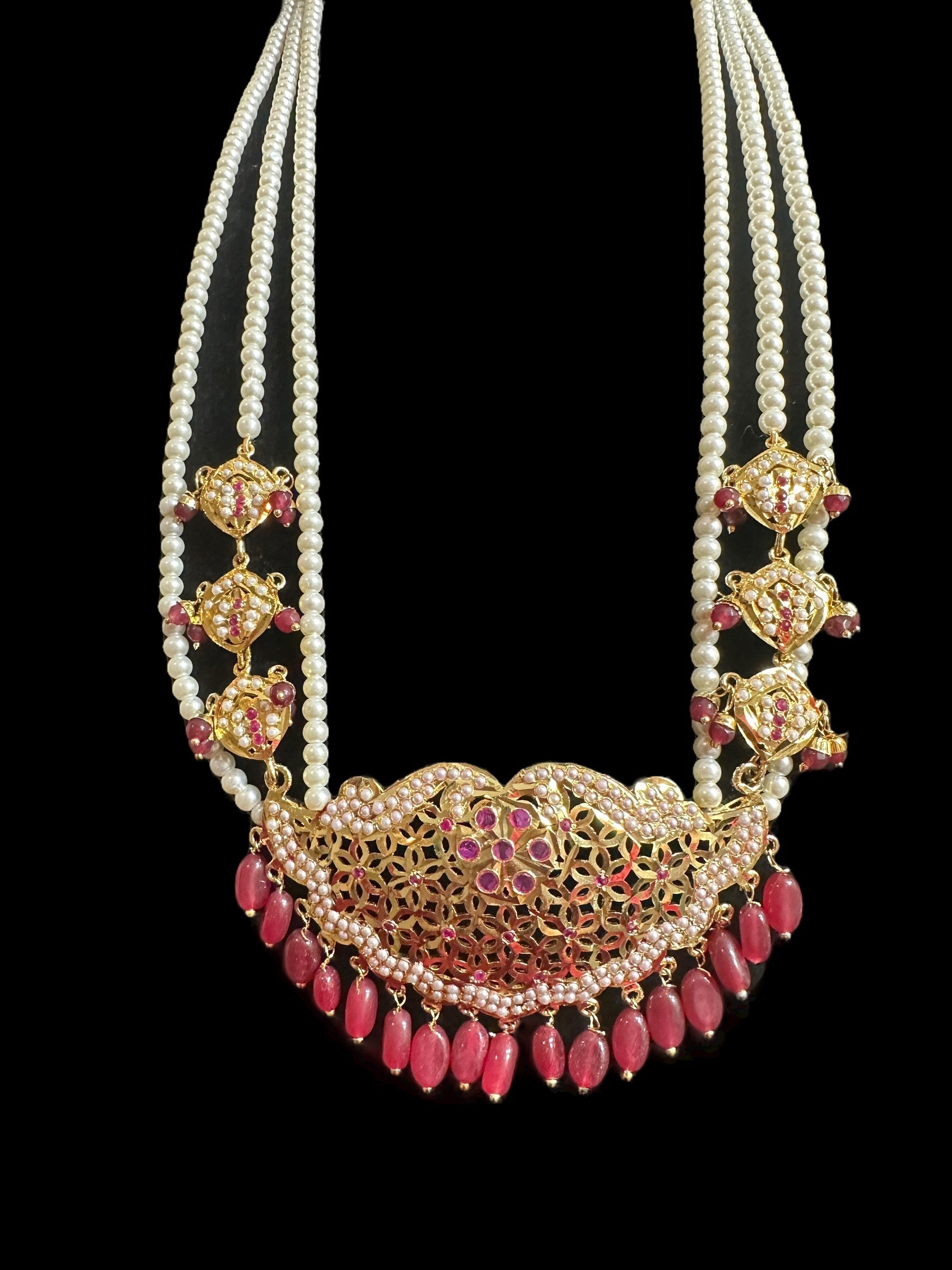 DLN93 Saba long jadau mala with pearls and ruby combination ( READY TO SHIP )