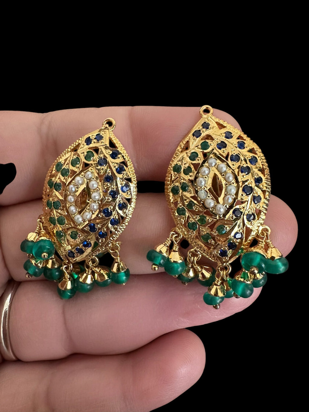 Emerald sapphire pearl jadau silver necklace set with gold plating ( READY TO SHIP )