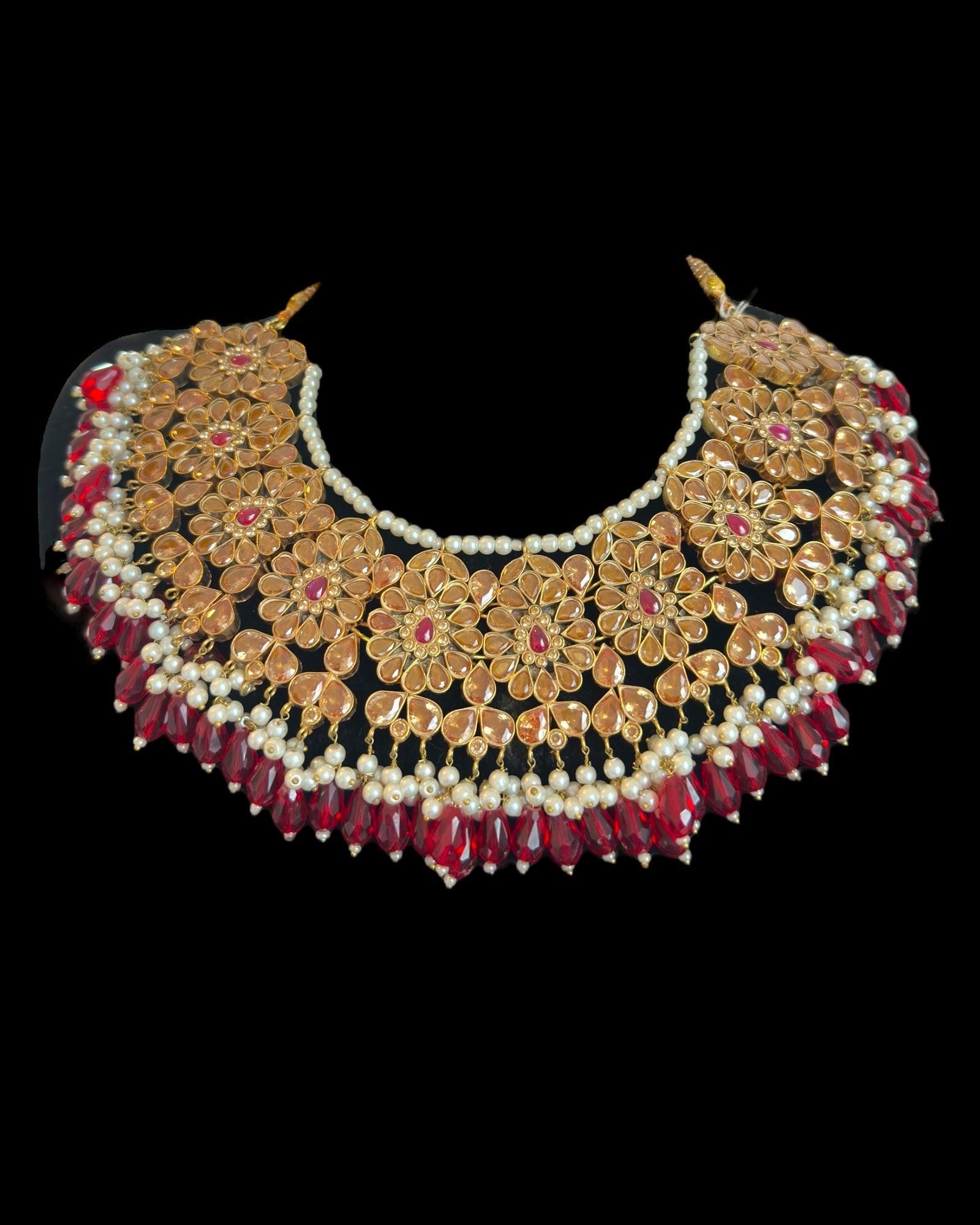 BR489 Simran bridal set in golden / red beads combination( READY TO SHIP )