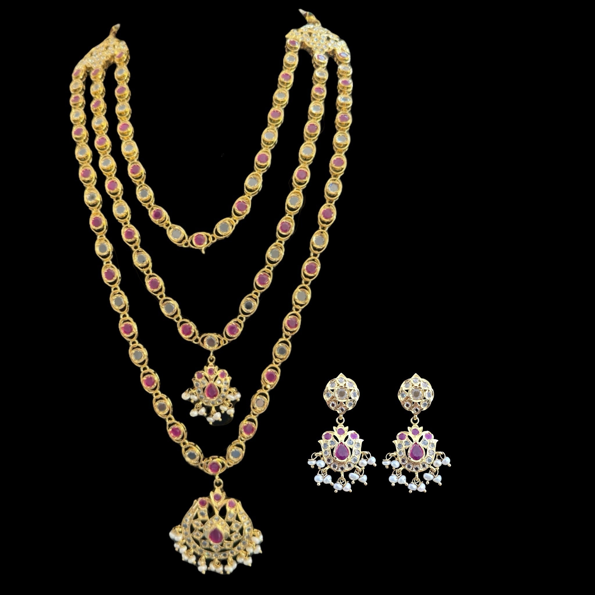 SAT93  Mallika hyderabadi three layer necklace set in ruby with fresh water pearls ( READY TO SHIP )