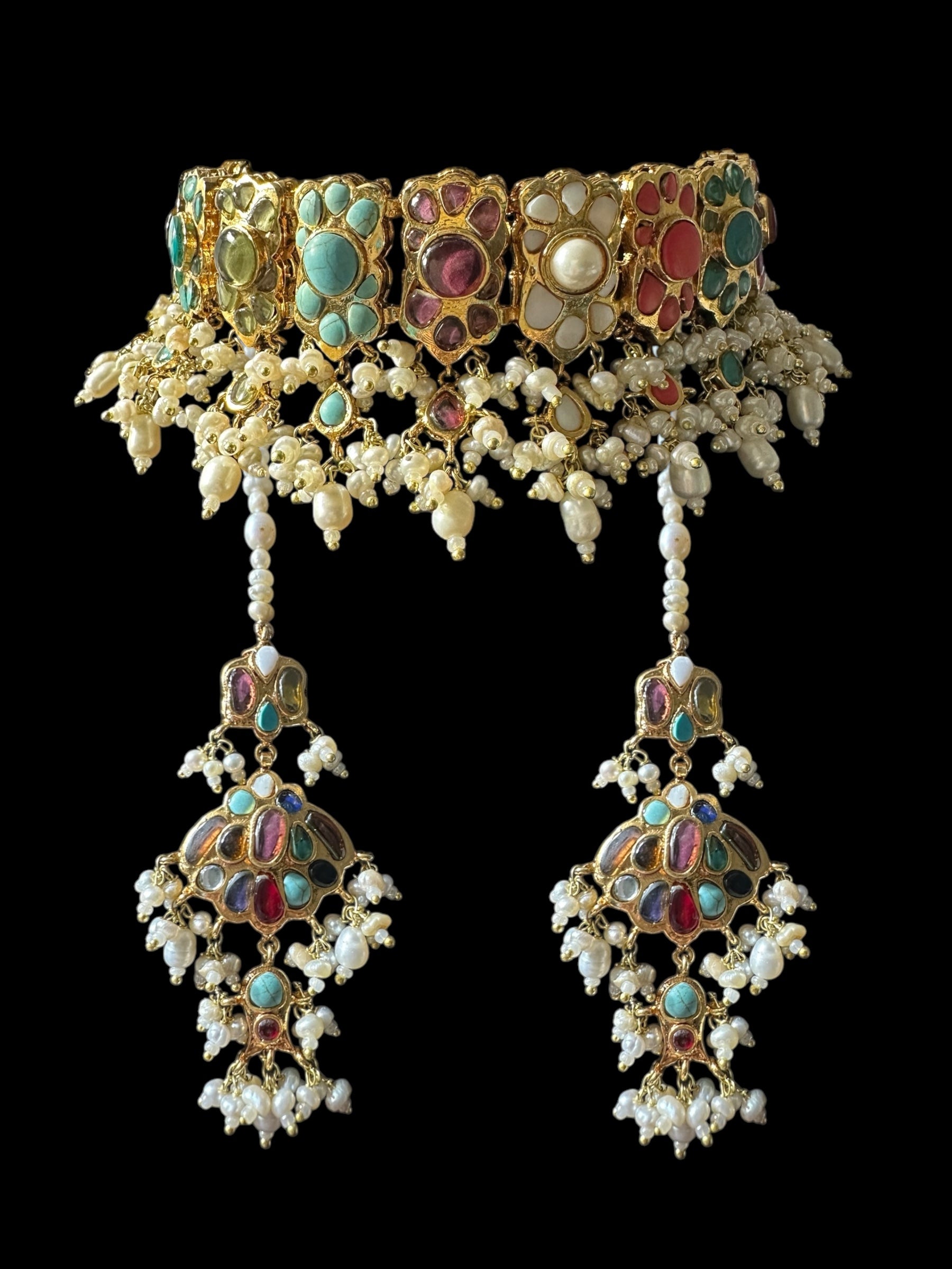 C547 Navratan bridal choker earrings set in fresh water pearls ( READY TO SHIP )