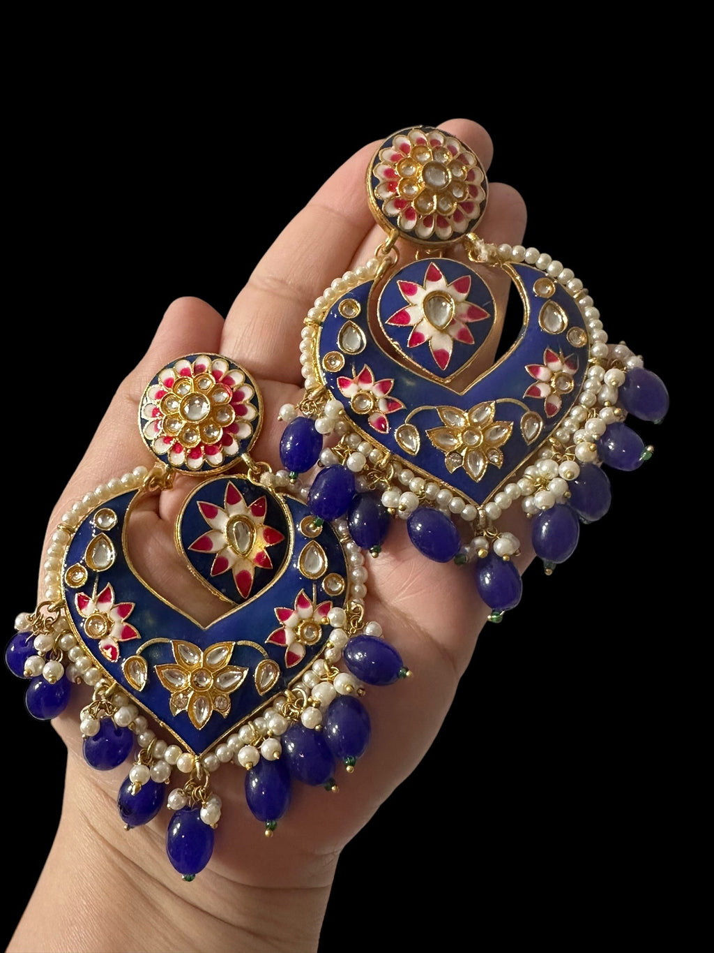 DER797 large sized kundan earrings - royal blue  ( READY TO SHIP )