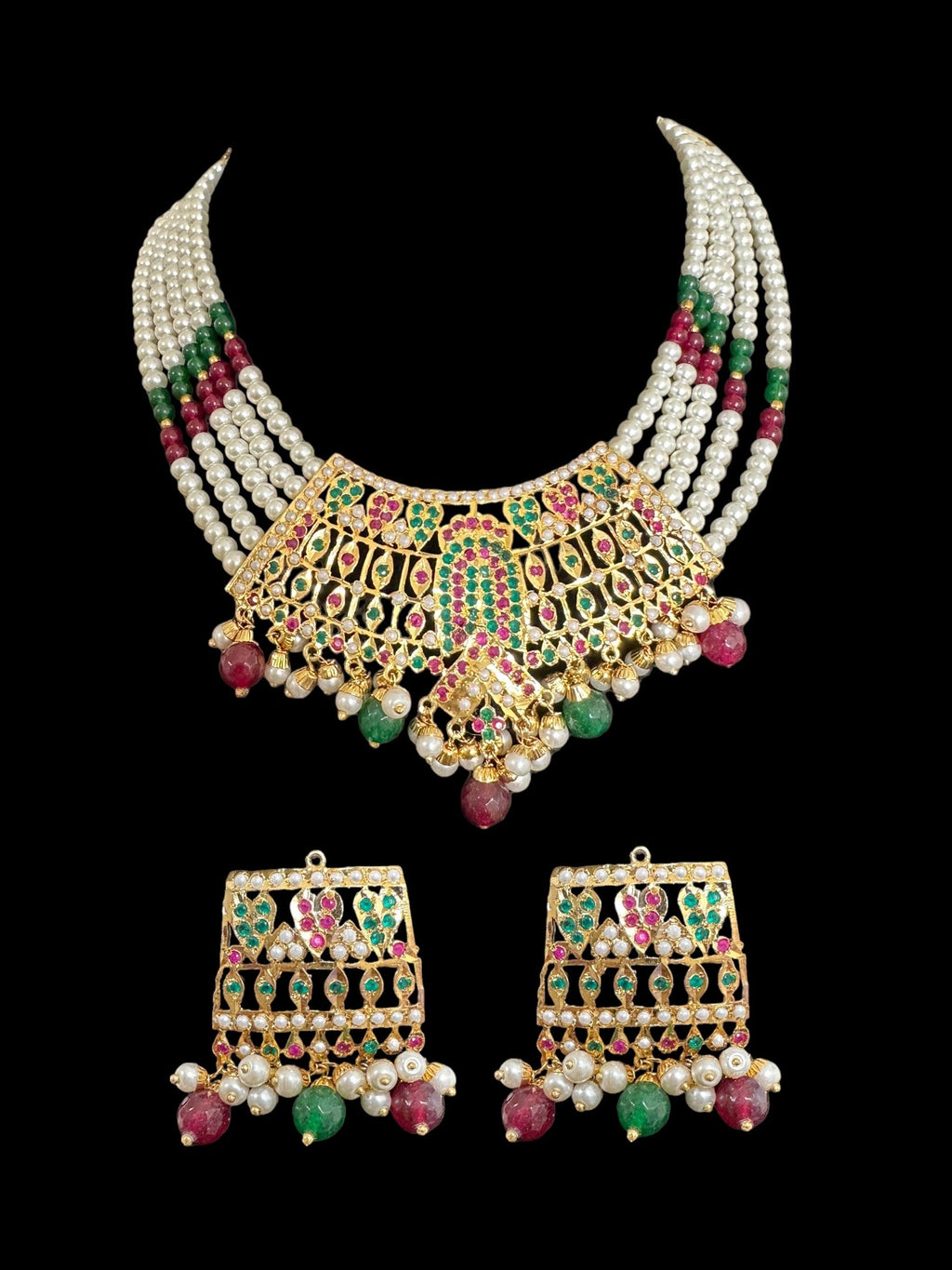 DNS67 Khudra punjabi Jadau necklace set in Ruby emerald  ( READY TO SHIP )