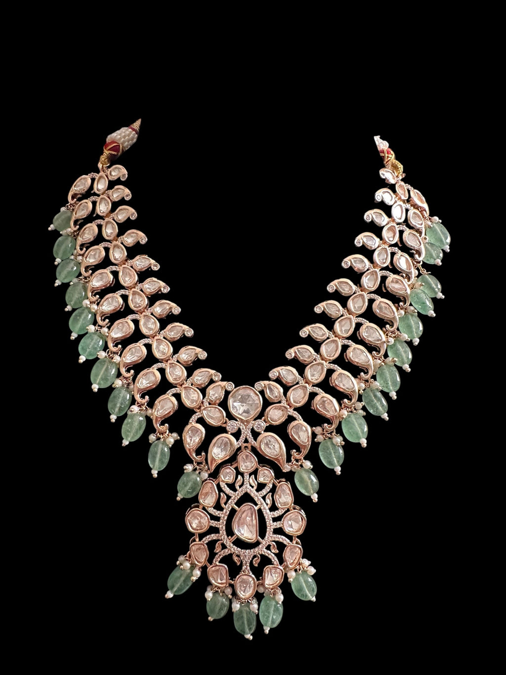 DNS206 Alayna Polki Necklace earrings tika set - light green beads with pearls ( READY TO SHIP )