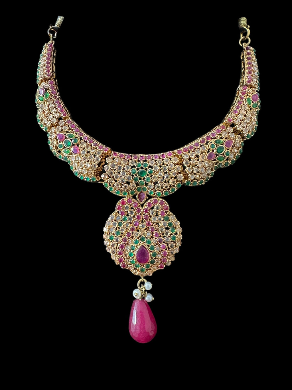 BR463  Deepa multicolor bridal cz necklace set with jhoomar tika ( READY TO SHIP )