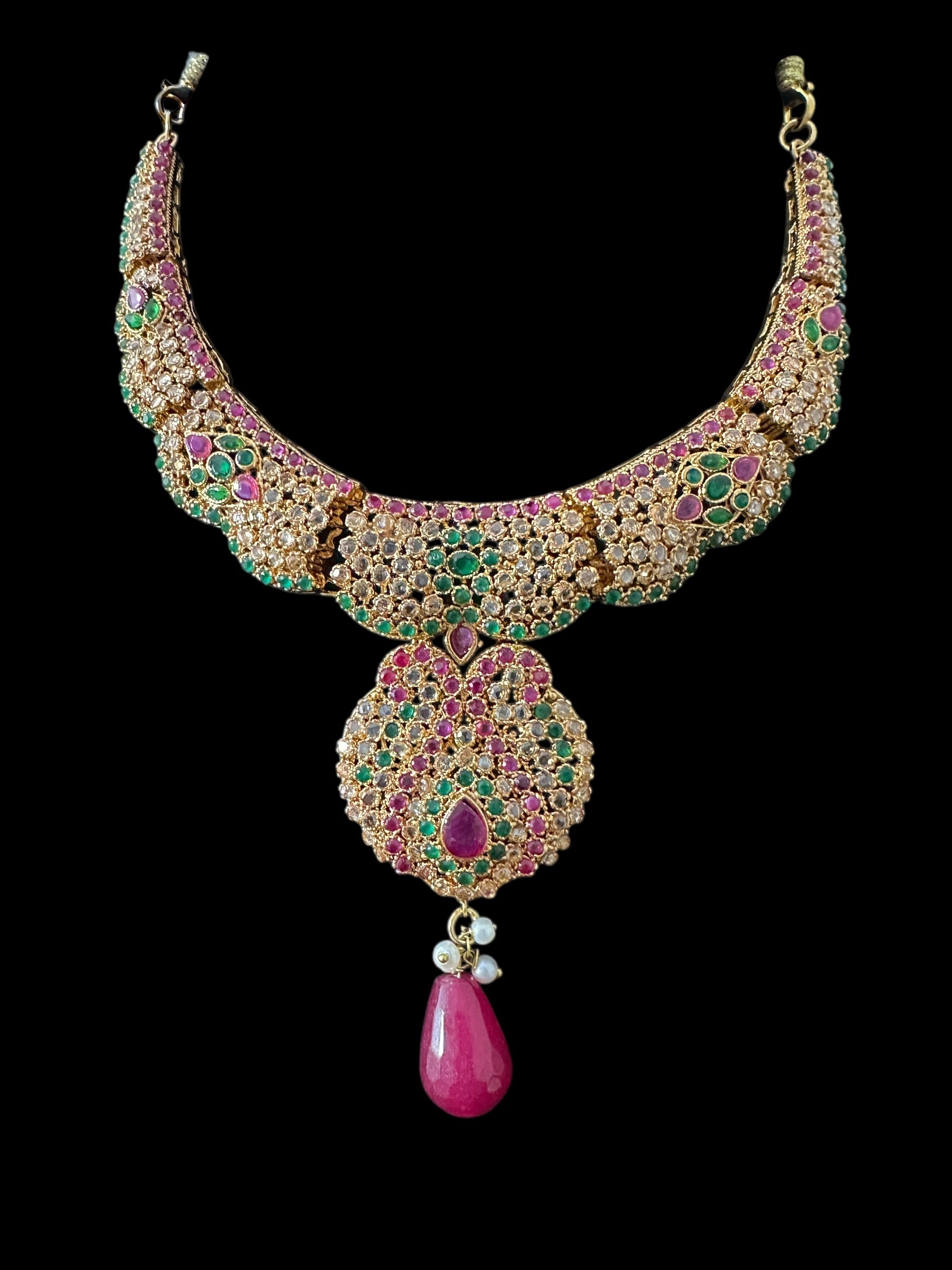 BR463  Deepa multicolor bridal cz necklace set with jhoomar tika ( READY TO SHIP )