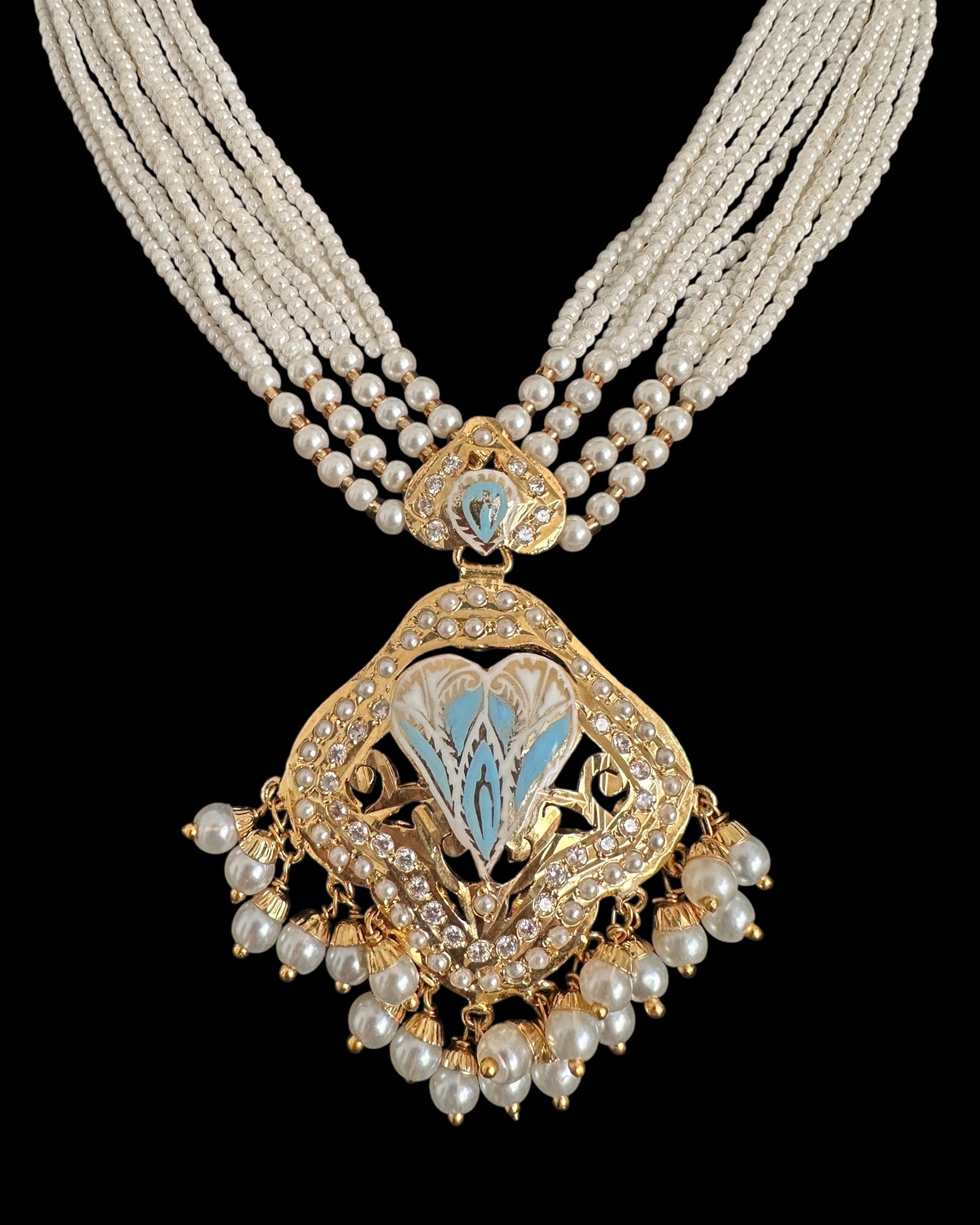 DNS191 punjabi Jadau necklace  set - mint blue&pearl    (READY TO SHIP)