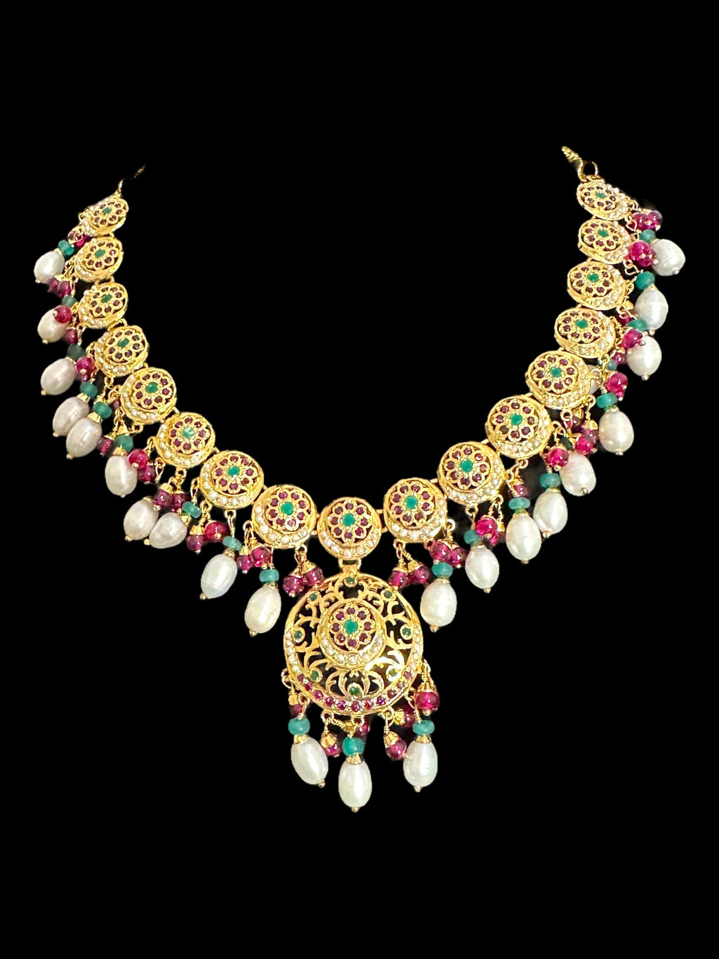 SN20 Ruby emerald pearl necklace with earrings|92.5silver gold plated ( READY TO SHIP )