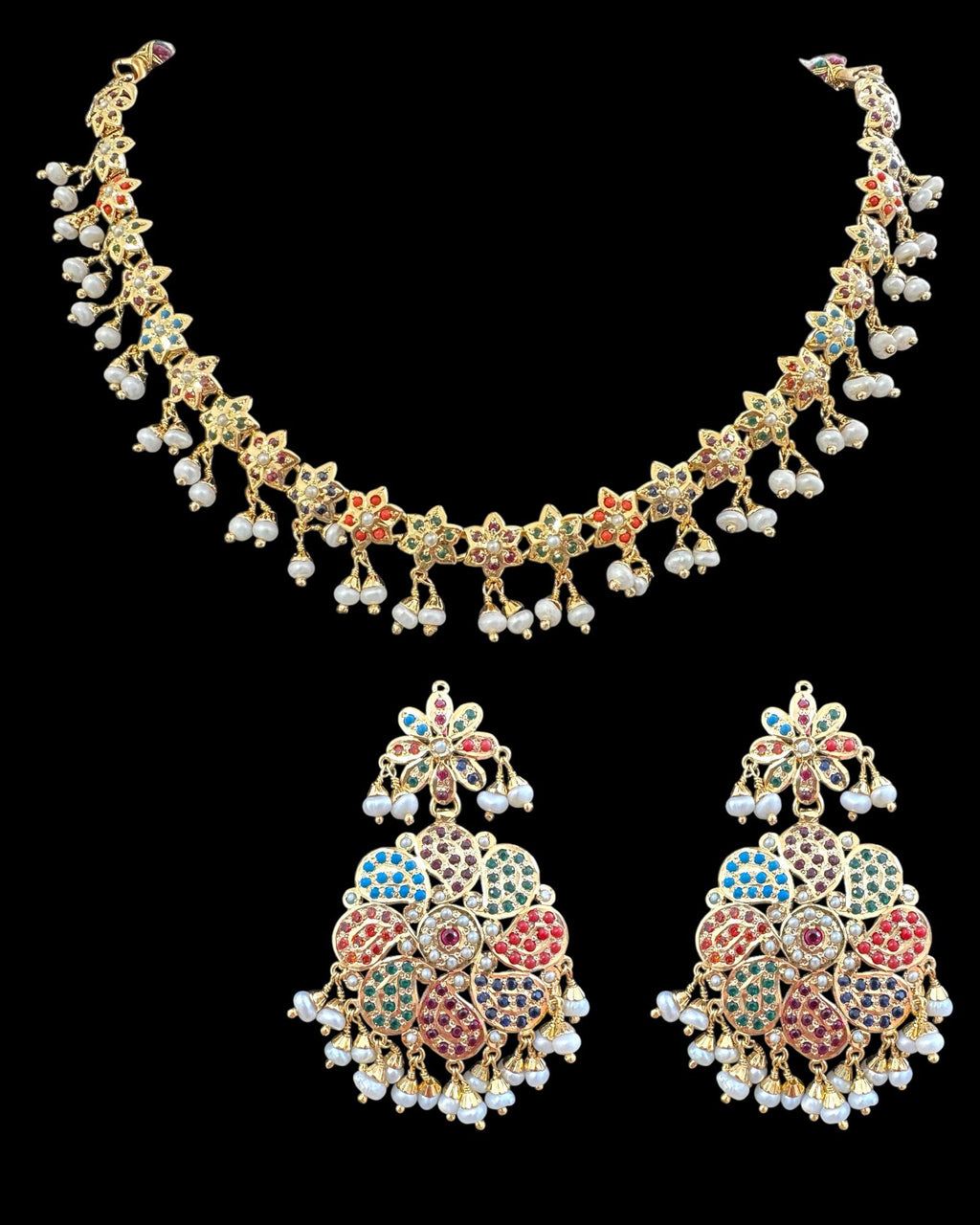 Navratan / Multicolored Jadau Necklace Set in Gold Plated Silver ( READY TO SHIP )