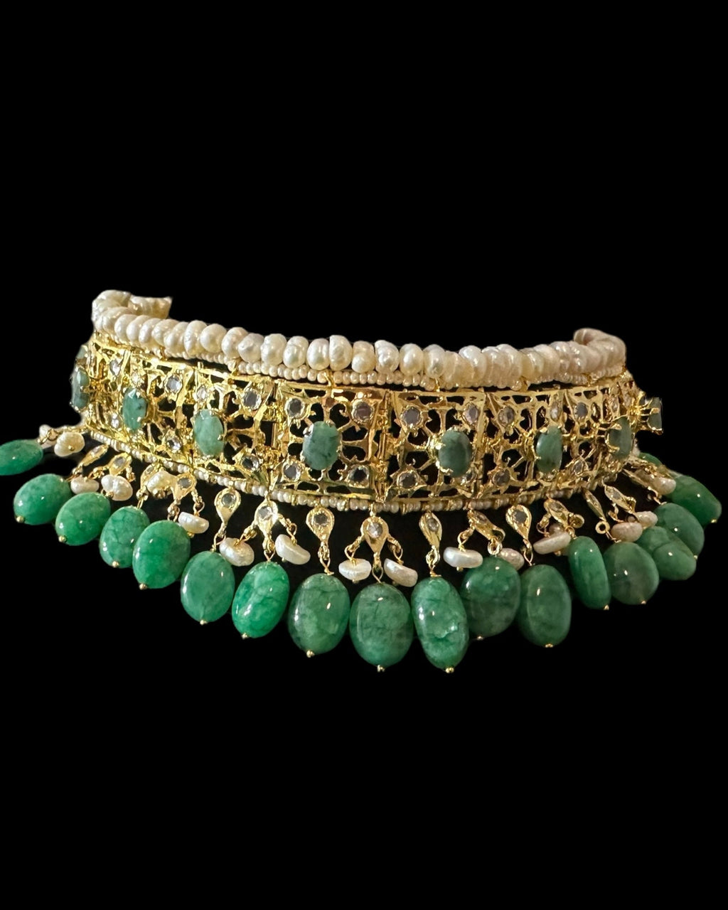 BR482 Insia Hyderabadi bridal set in emeralds with fresh water pearls ( SHIPS IN 1 WEEK )