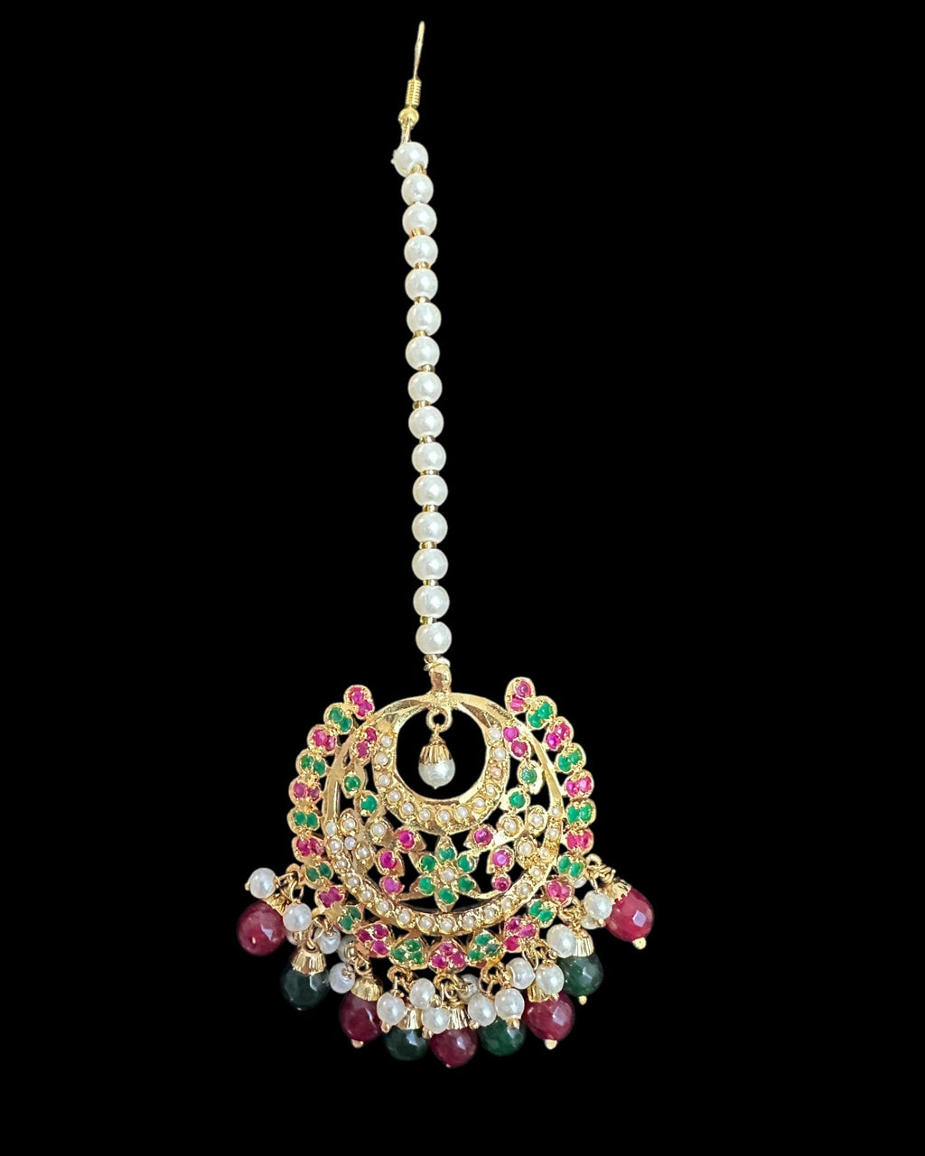 Dafiya ruby emerald Chandbali Earrings & Tika Set | Ready to Ship | Deccan Jewelry